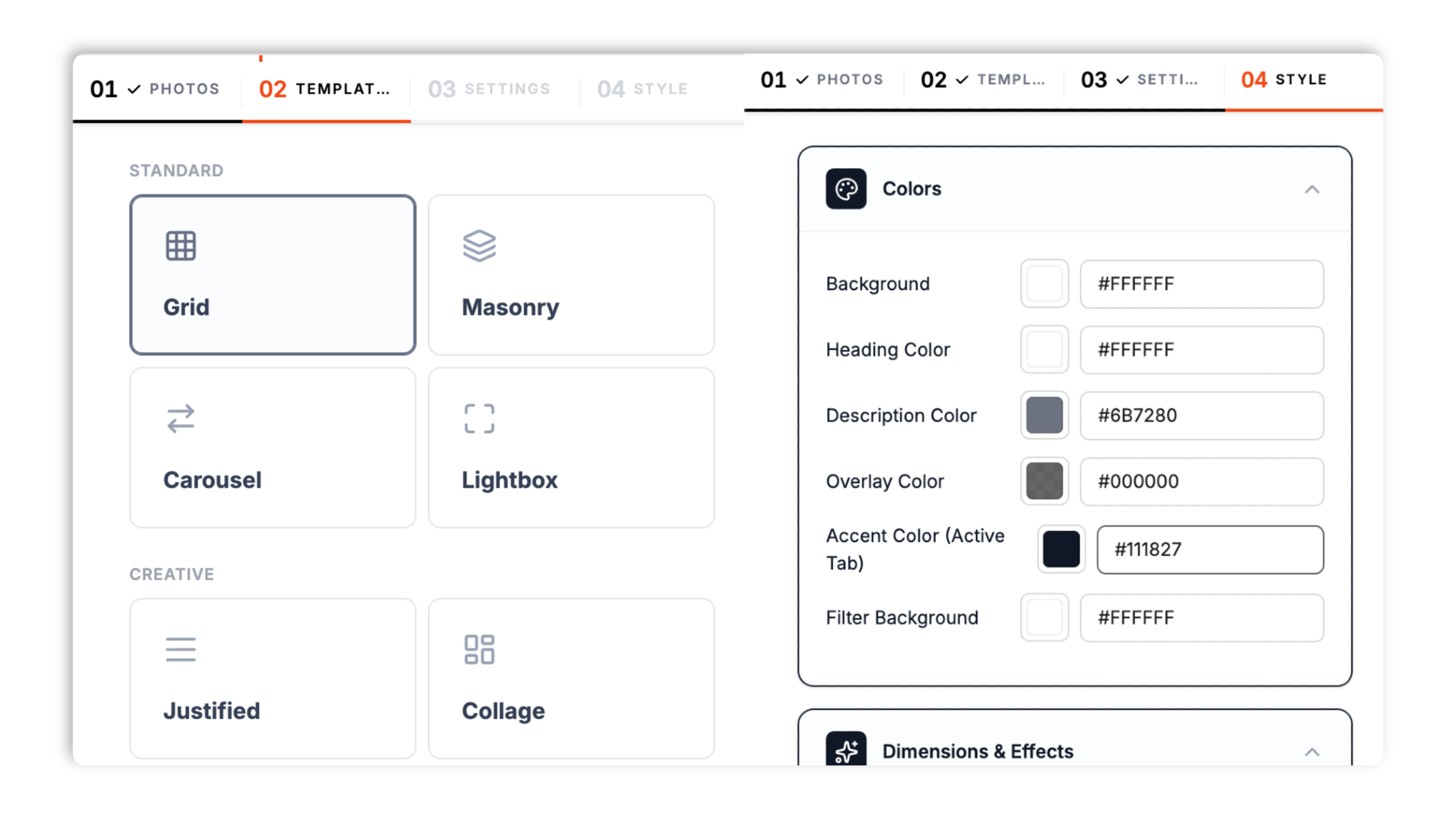 Poper photo gallery editor Templates tab showing layout thumbnails for Grid, Masonry, Carousel, Justified, Collage, and more, plus column, spacing, and hover-effect controls