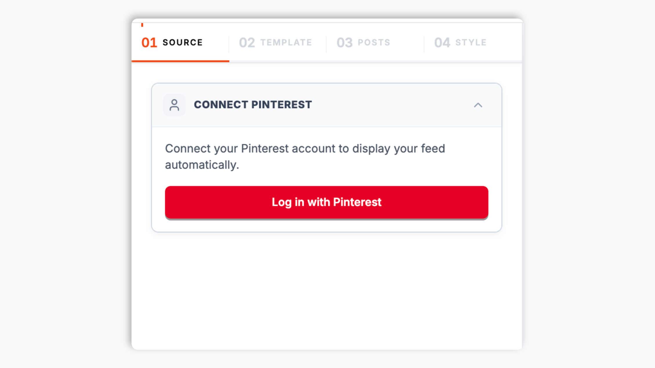 Poper widget builder showing AcmeHomeDecor Pinterest account search resolving to pinterest.com/acmehomedecor with 187K followers, Business Account badge, and Pinterest red Connect button