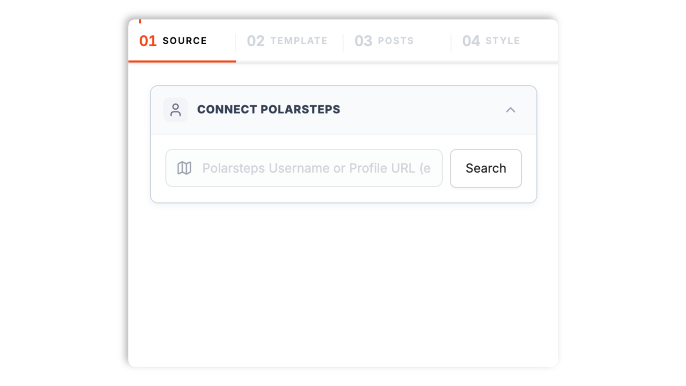 Poper widget builder showing the Polarsteps profile search field for connecting a public Polarsteps profile