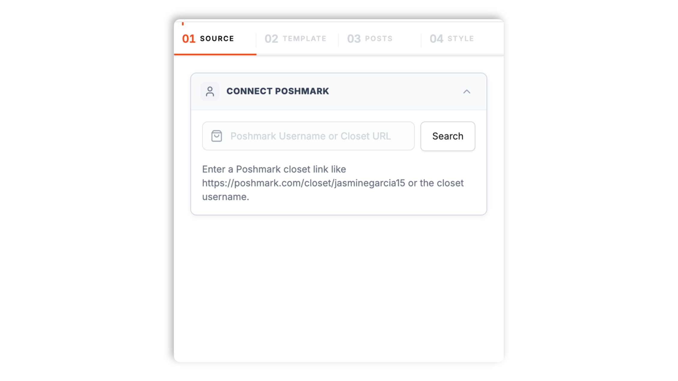Poper renders one public Poshmark closet feed with listing details available from the source.