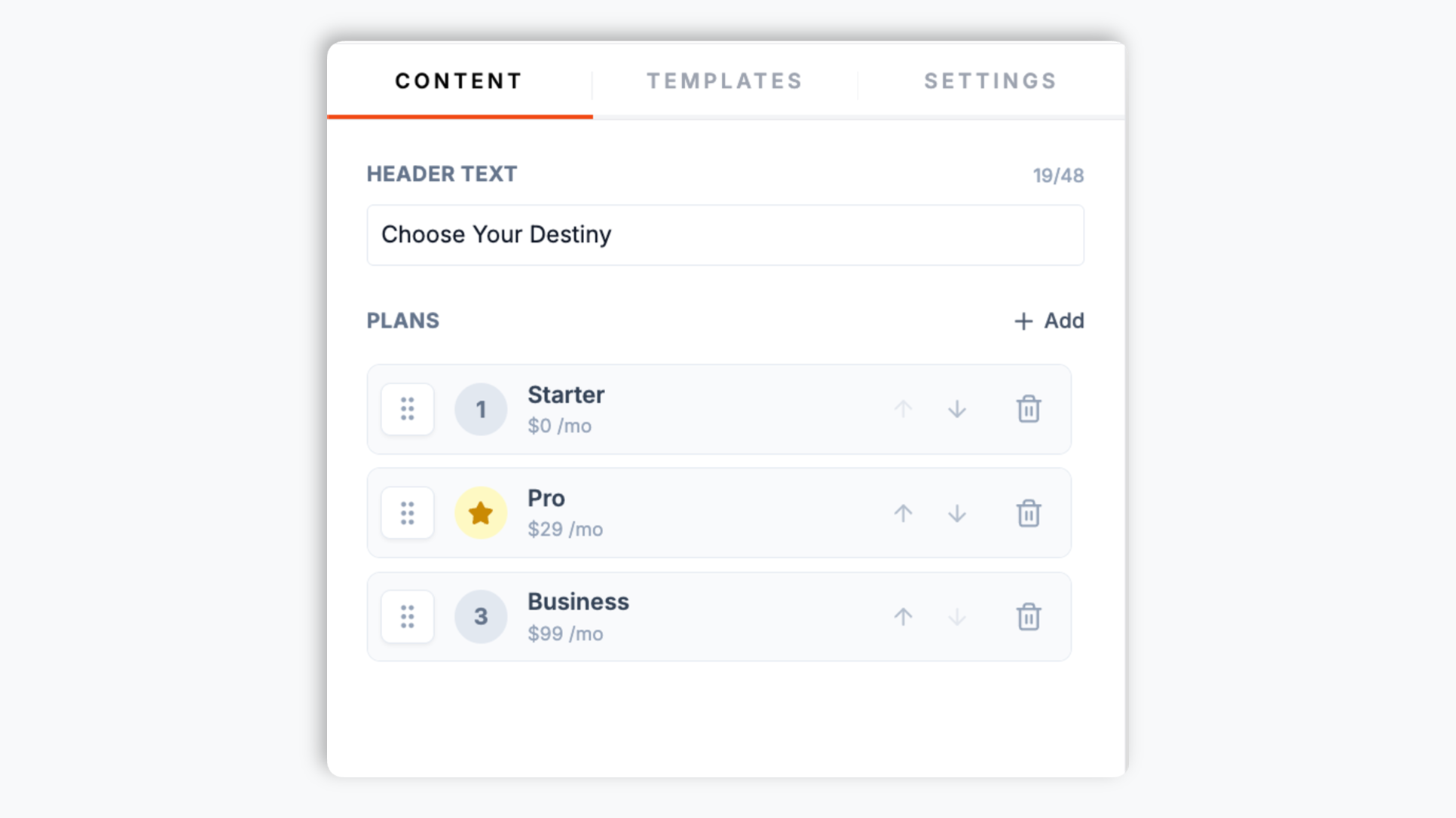 Poper pricing-table builder showing 3 tier cards being configured (Starter, Pro, Business) with feature rows, the Most Popular badge highlighted on Pro, and an emerald Connect button
