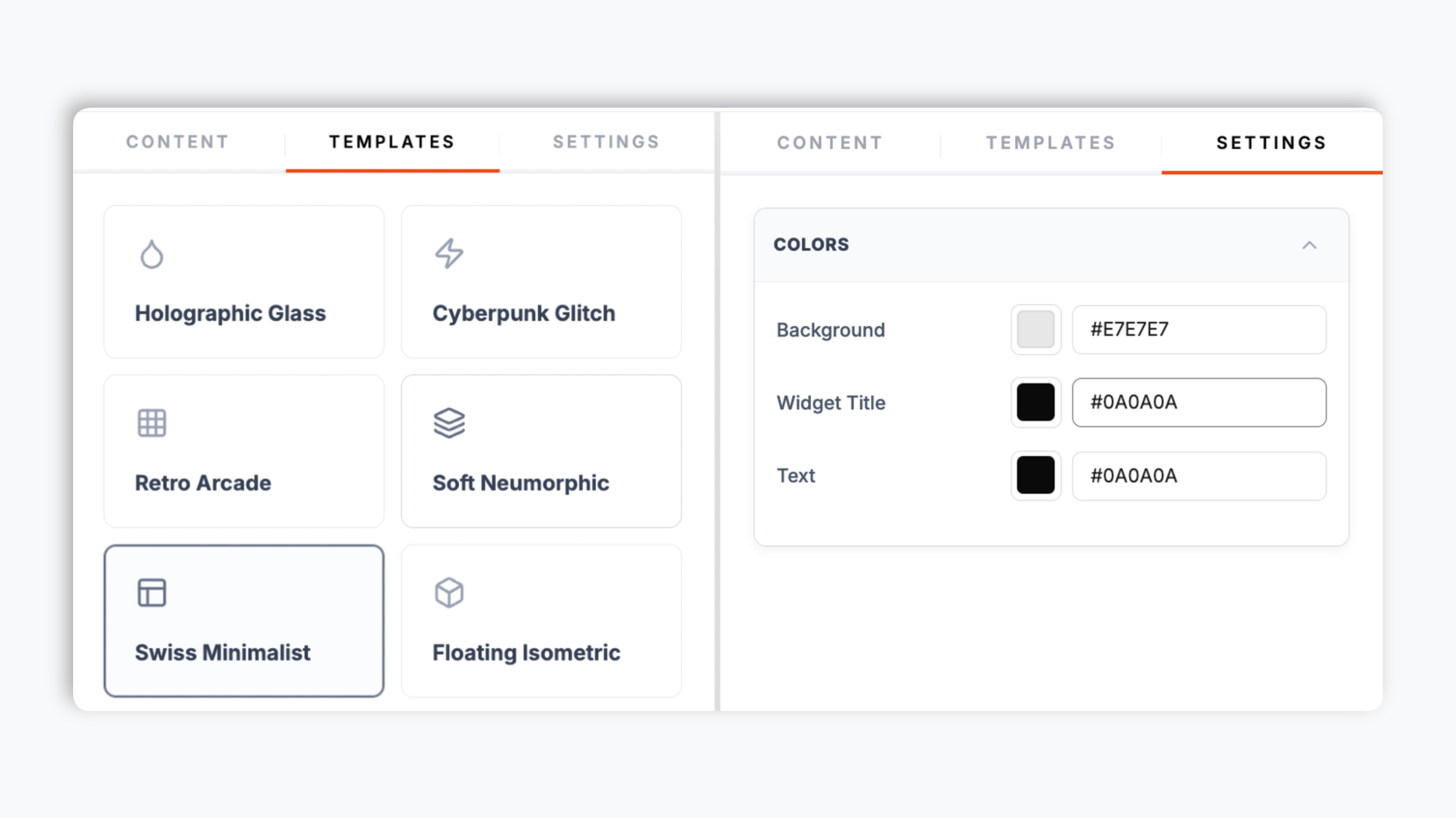 Layout picker showing 6 pricing-table template thumbnails (Bento Grid, Holographic Glass, Swiss Minimalist, Soft Neumorphic, Terminal CLI, Vertical Stack) plus brand color and text color controls