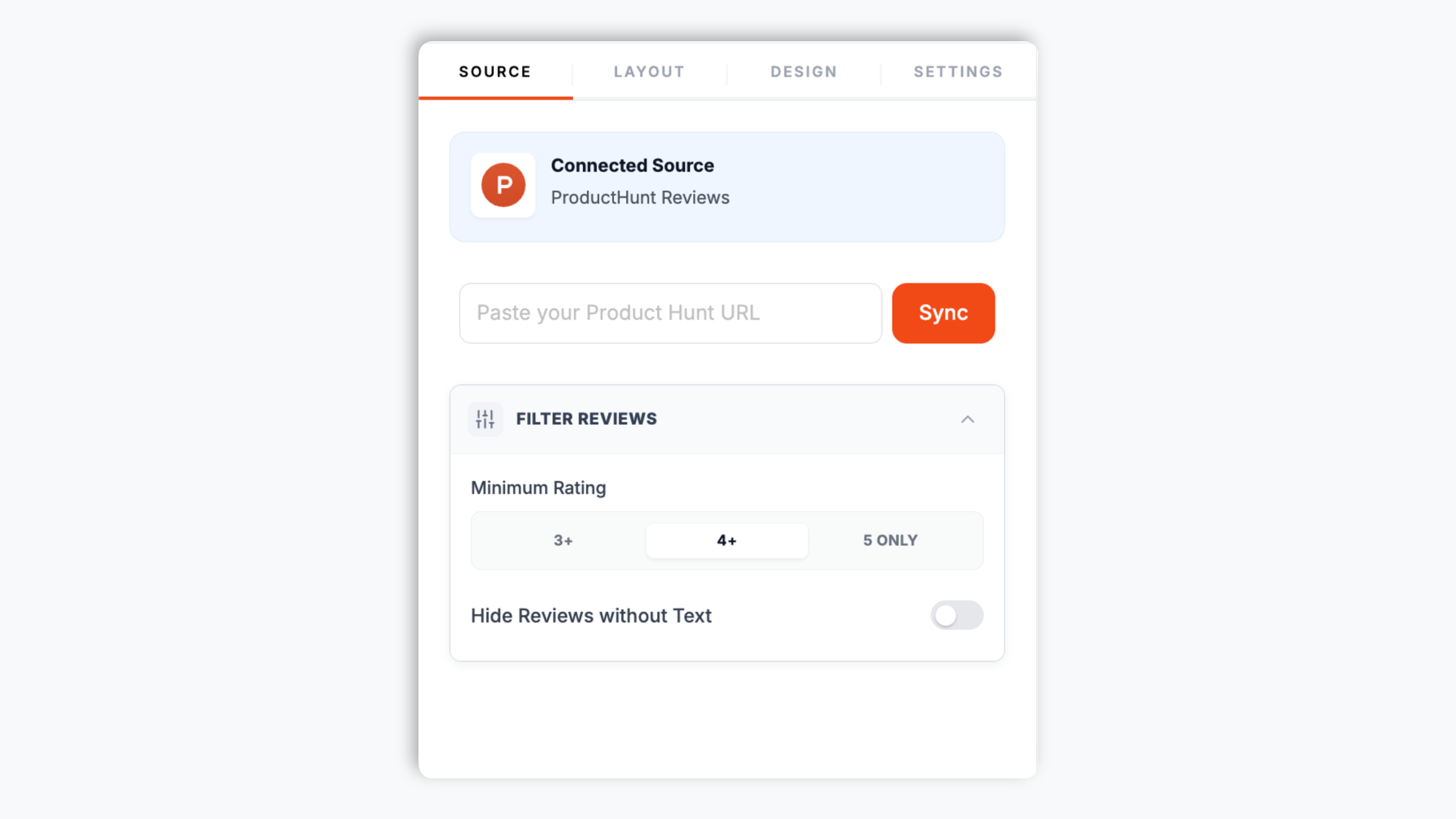 Poper widget builder showing the Product Hunt URL field with a producthunt.com product link pasted in and a Sync button