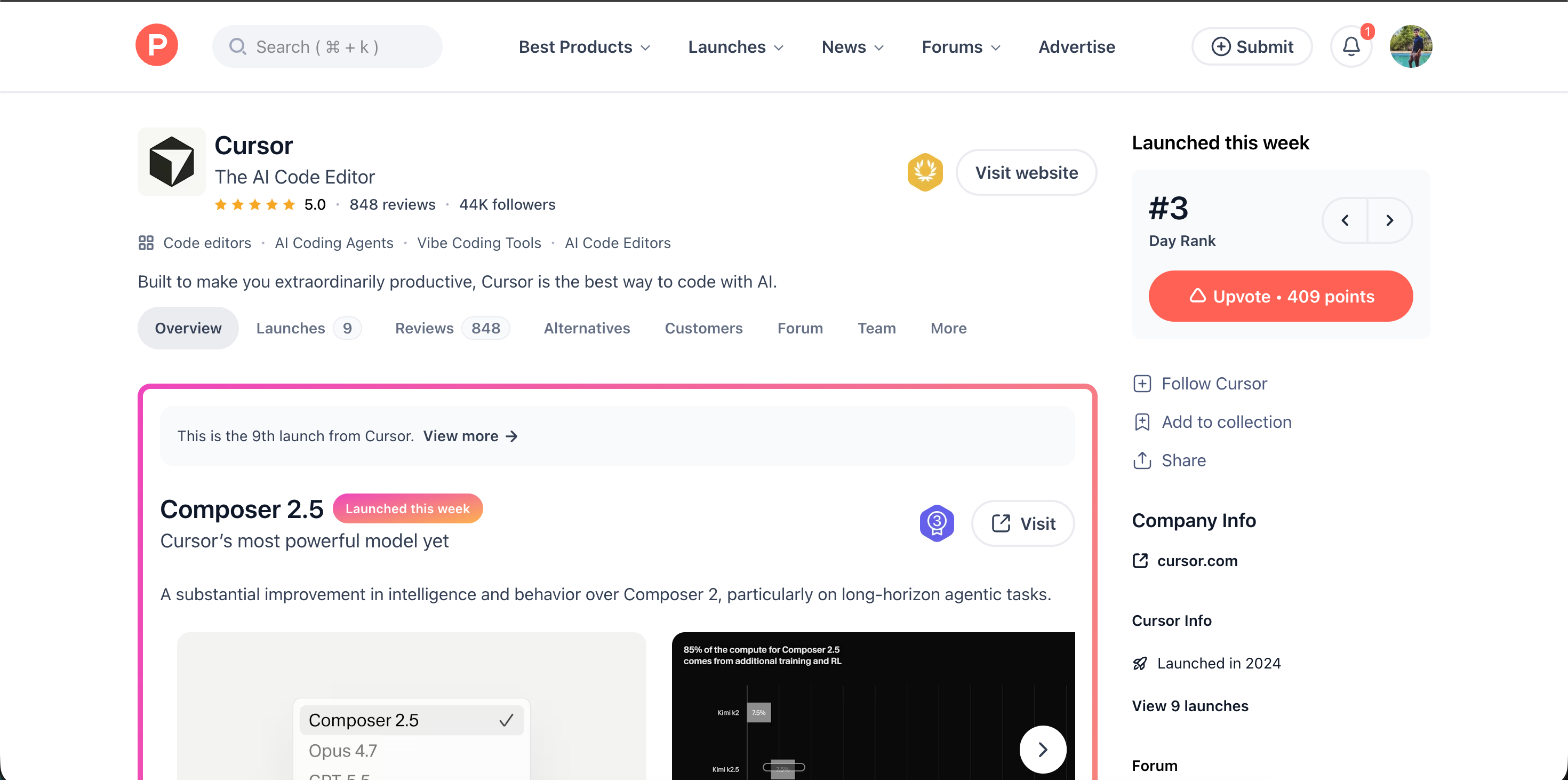 producthunt.com page for Acme AI showing the Product Hunt orange logo, #1 Product of the Day badge, upvote count, founder Maker section, Hunter measurement, and highlighted Maker comments