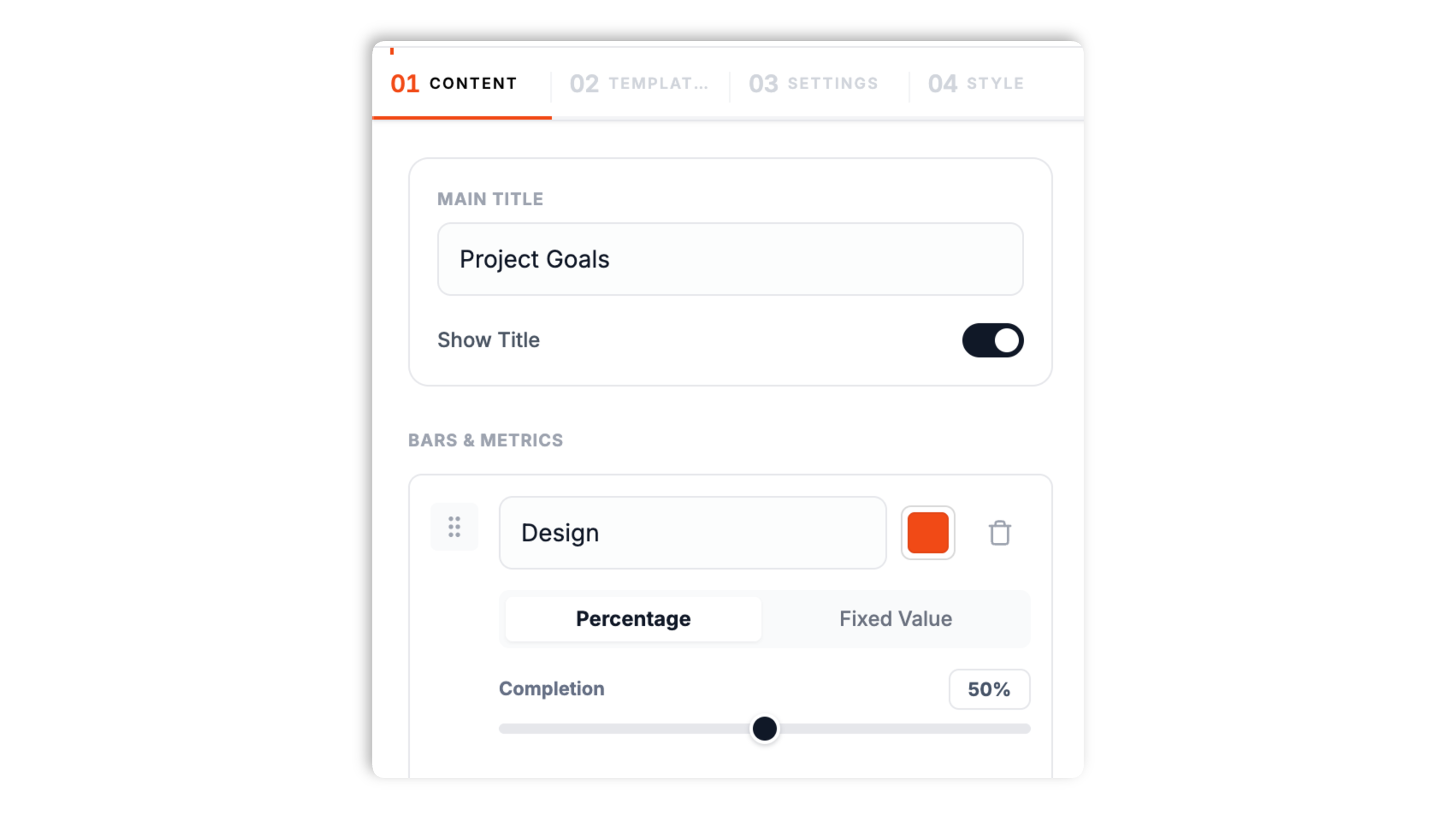 Poper progress bar builder showing bar rows with a label, color picker, a percentage or fixed-value toggle, current and goal inputs, and a milestones field