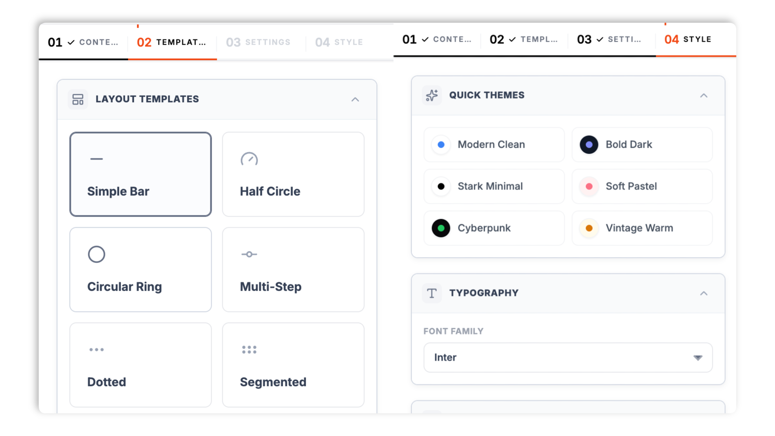 Layout template picker showing eight progress bar layouts (Simple Bar, Half Circle, Circular Ring, Multi-Step, Dotted, Segmented, Distribution, Vertical List) plus track and fill color controls