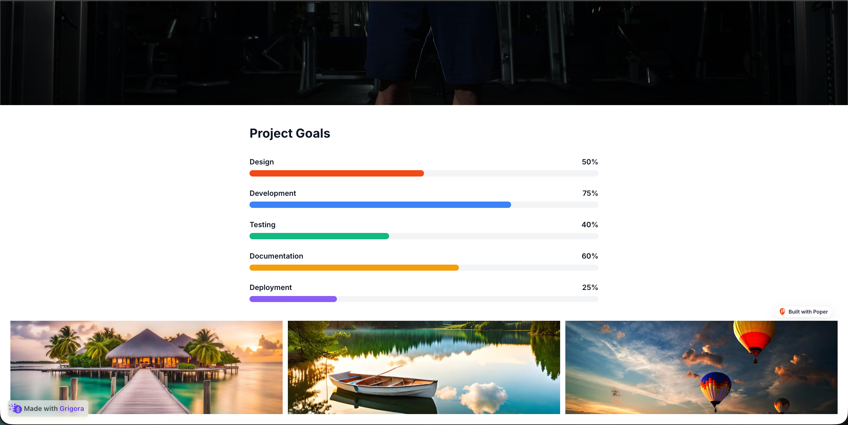 A website with the embedded Poper progress bar widget showing a labeled goal bar filled toward its target