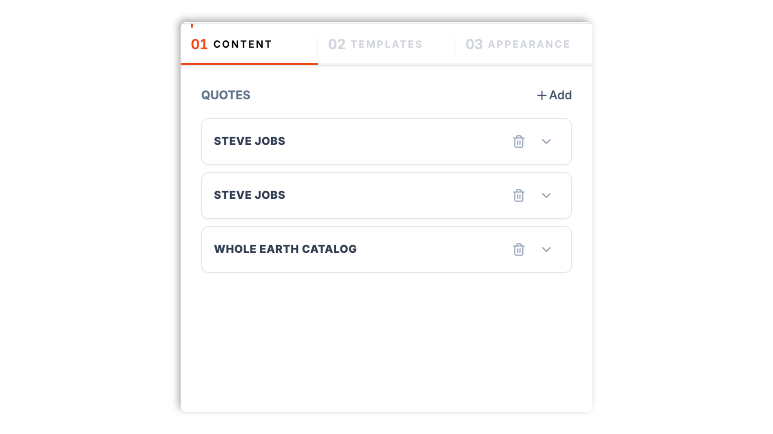Poper quotes carousel builder showing a quote-input form with quote text, author, role, and an avatar upload, plus a draggable list of quote cards