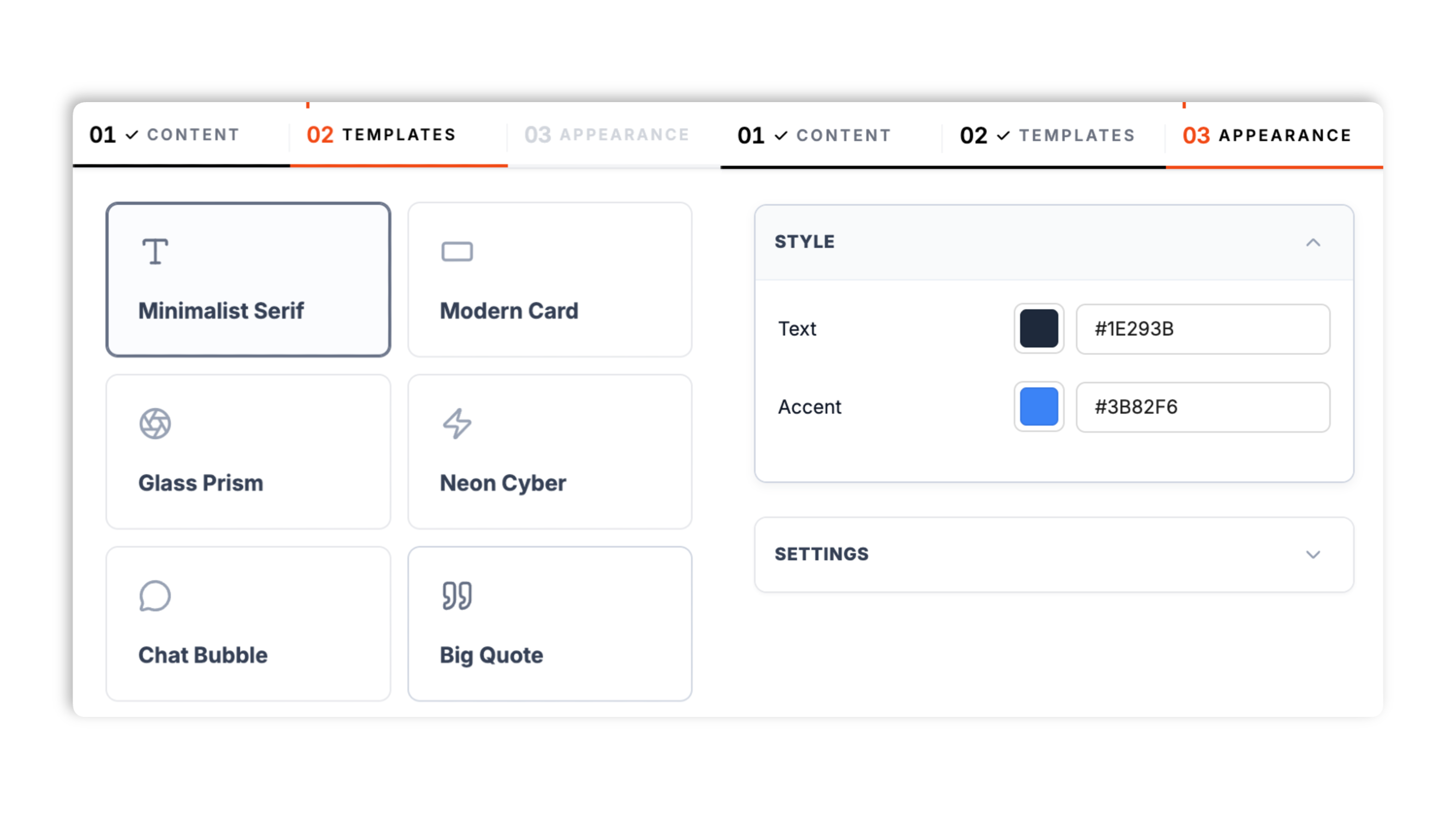 Layout picker showing 8 quotes carousel layouts (Minimalist Serif, Modern Card, Glass Prism, Neon Cyber, Chat Bubble, Big Quote, Retro Cassette, Bauhaus Art) plus brand color controls