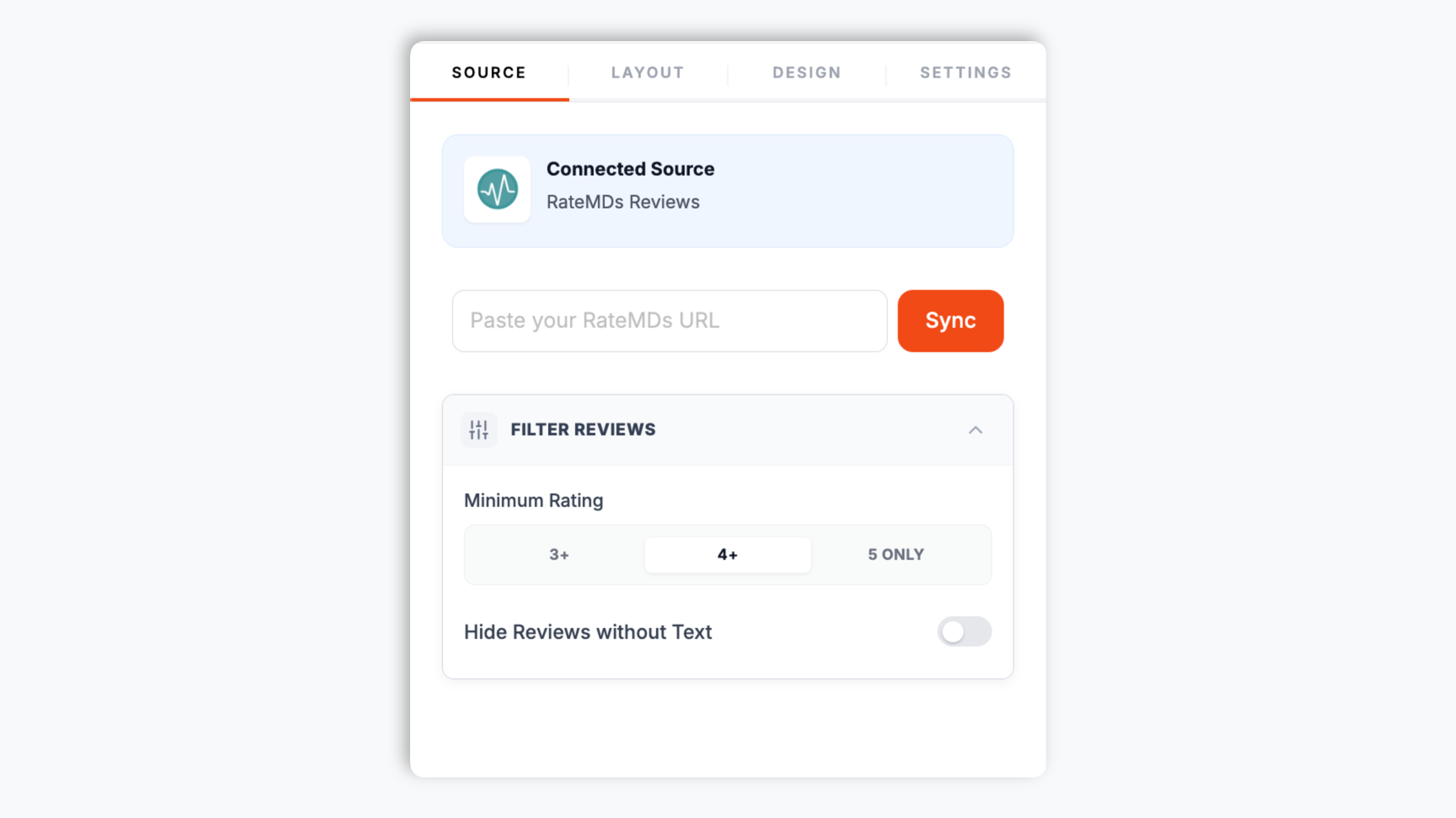 Poper widget builder showing the RateMDs source input with a pasted ratemds.com doctor profile URL and a Sync button