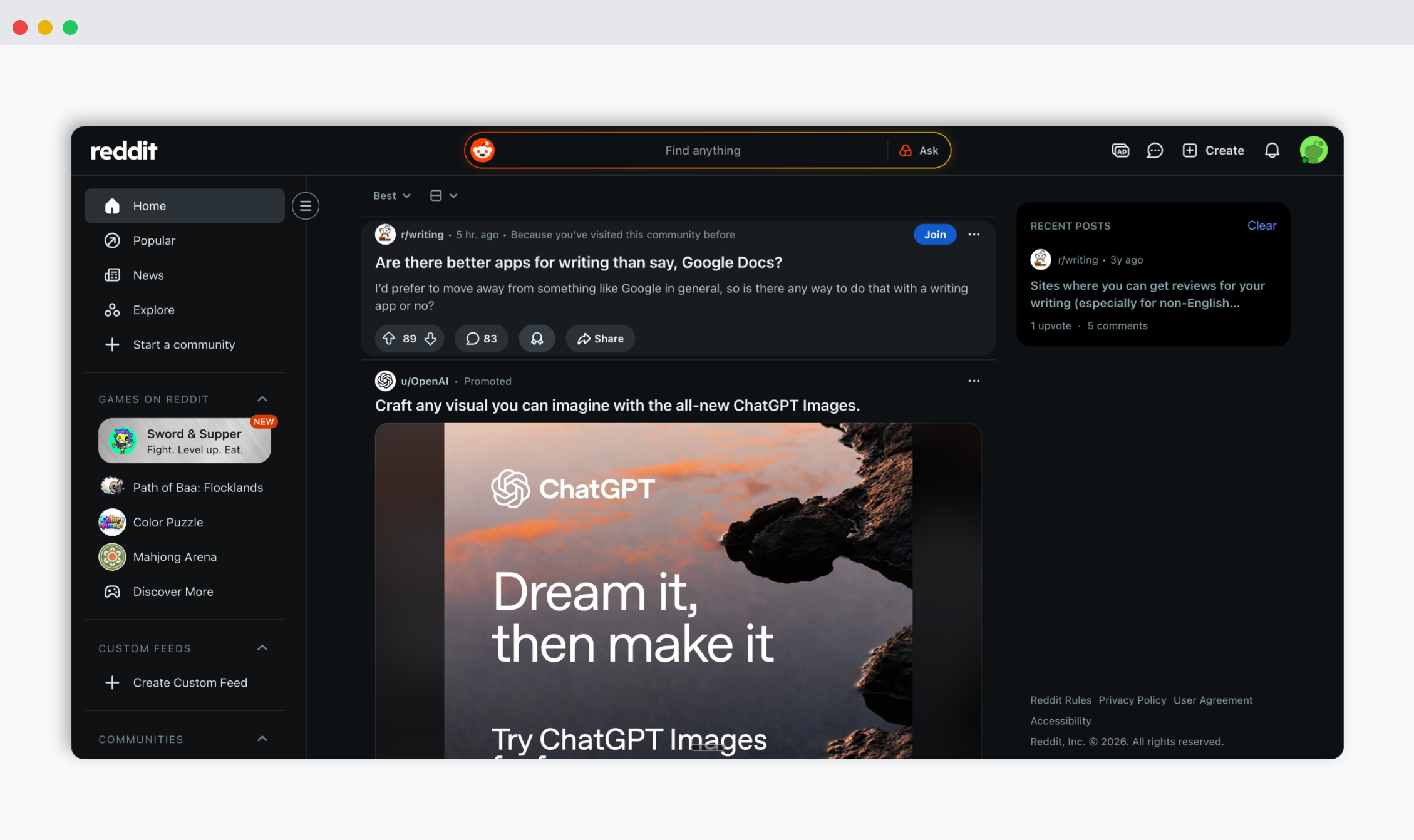 Reddit feed widget displayed across iPhone, iPad and Macbook showing a r/SaaS subreddit thread list with upvotes, flairs and comment counts