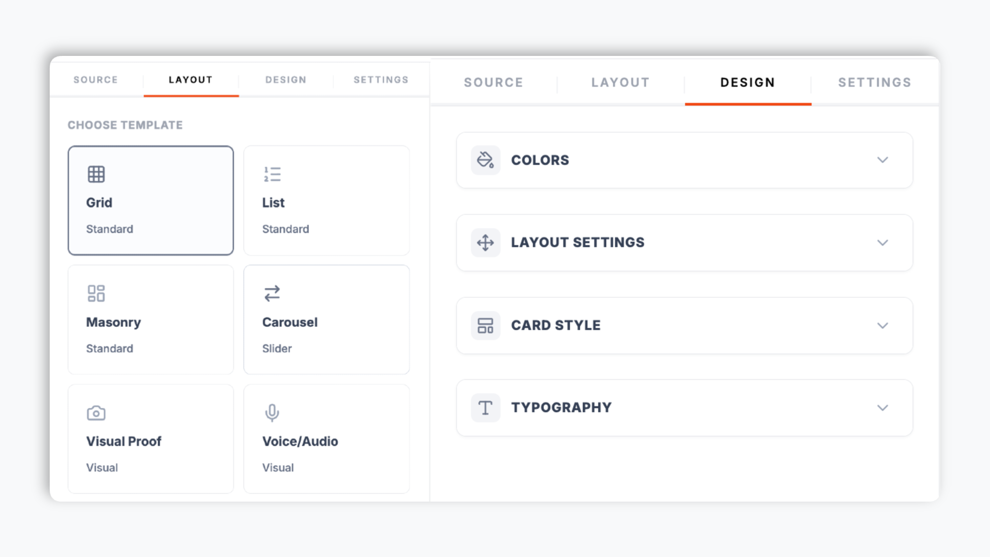 Poper editor template chooser showing the review widget layout options with brand color, star color, and font controls in the side panel