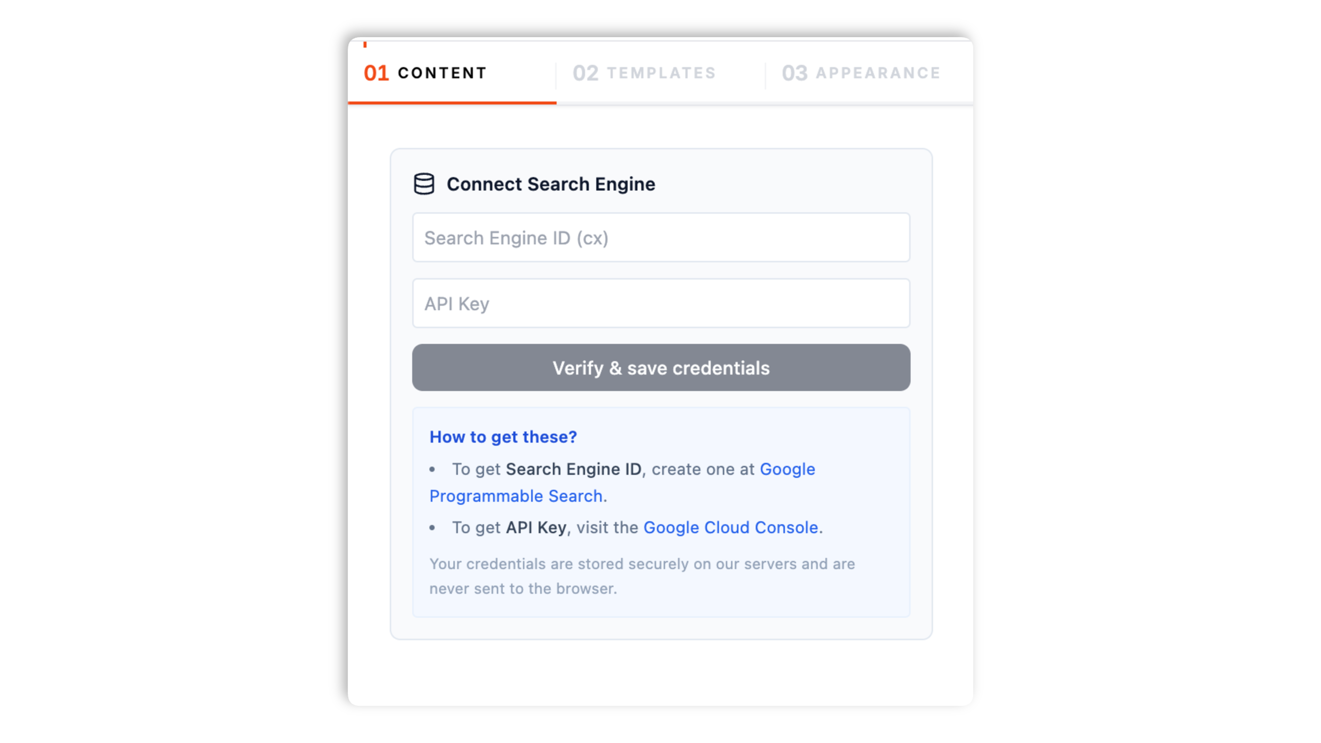 Poper Search Builder showing the Connect Search Engine panel with a Search Engine ID field, an API Key field, and a Verify and save button