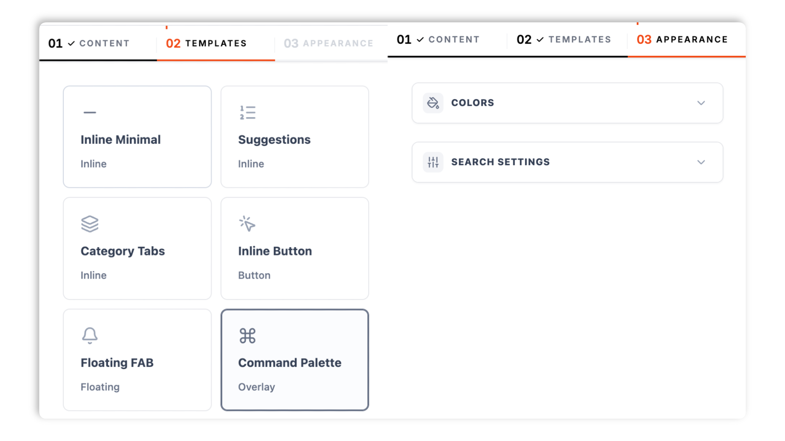 Nine search layout thumbnails (Minimal Inline, Smart Suggestions, Command Palette, Floating FAB, Sidebar Panel, AI Summary, Category Tabs, Inline Button, Filters Panel) plus a brand color picker