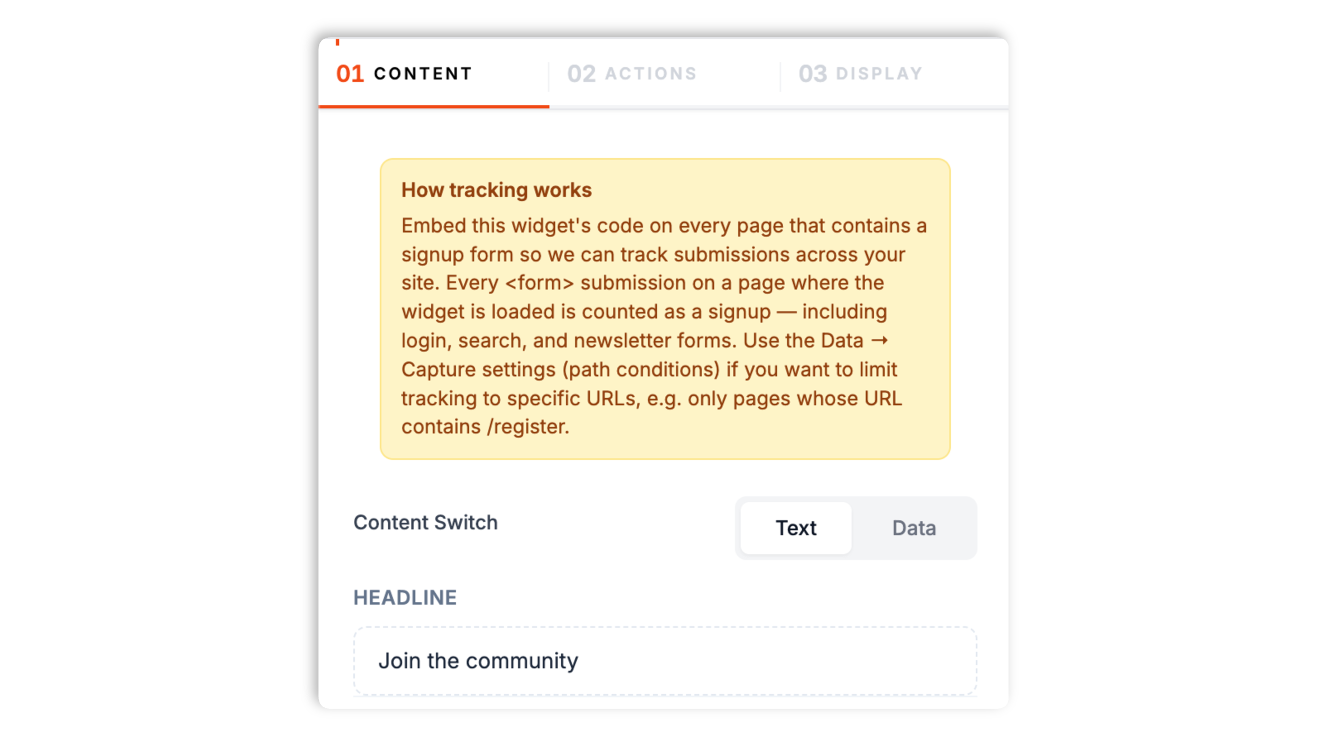 Poper widget builder showing the signup activity content panel with a headline field, a count description field, and a capture-strategy option for all pages or path-matching pages