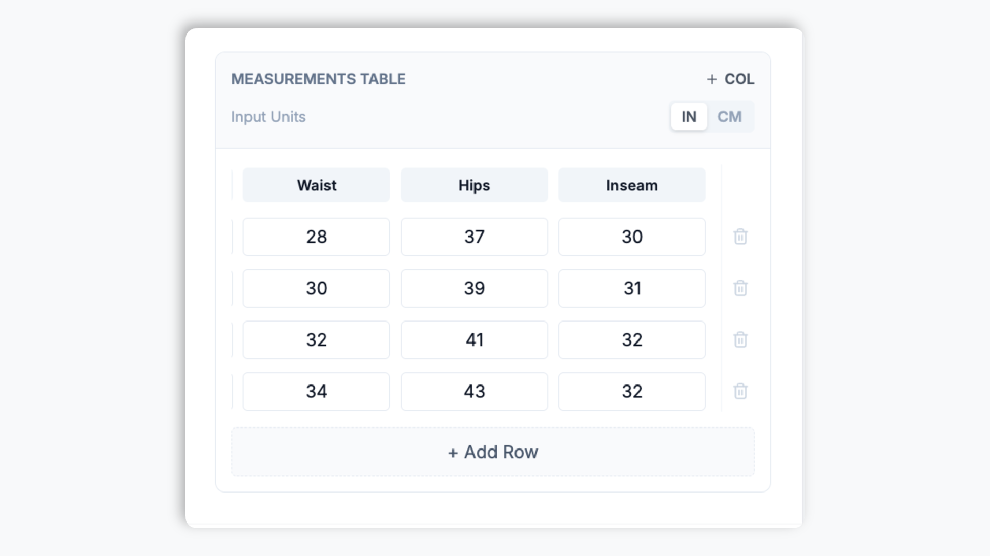 Poper size chart builder showing an editable measurement table with Size, Chest, Waist, Length columns, four size rows, the inches/cm default-unit control, and a warm rose Connect button