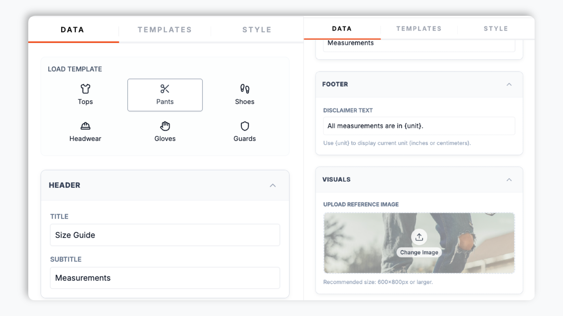 Size chart layout picker showing the four display layouts (Modal, Sidebar, Modal split, Cards) plus brand color, font, and unit-toggle controls