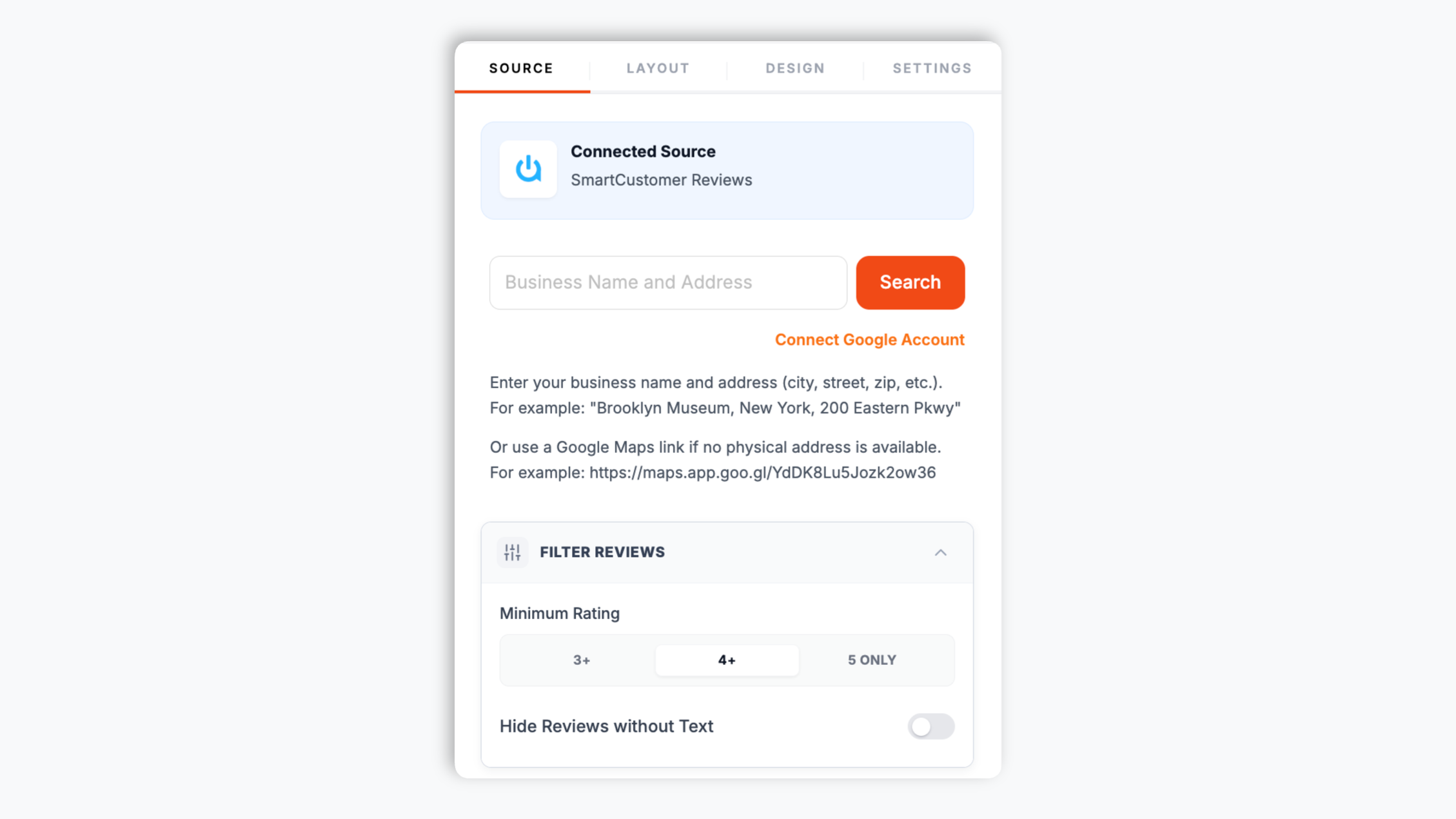 Poper builder with the SmartCustomer review page URL pasted into the source field, showing the fetched 4.8 star rating and recent reviews