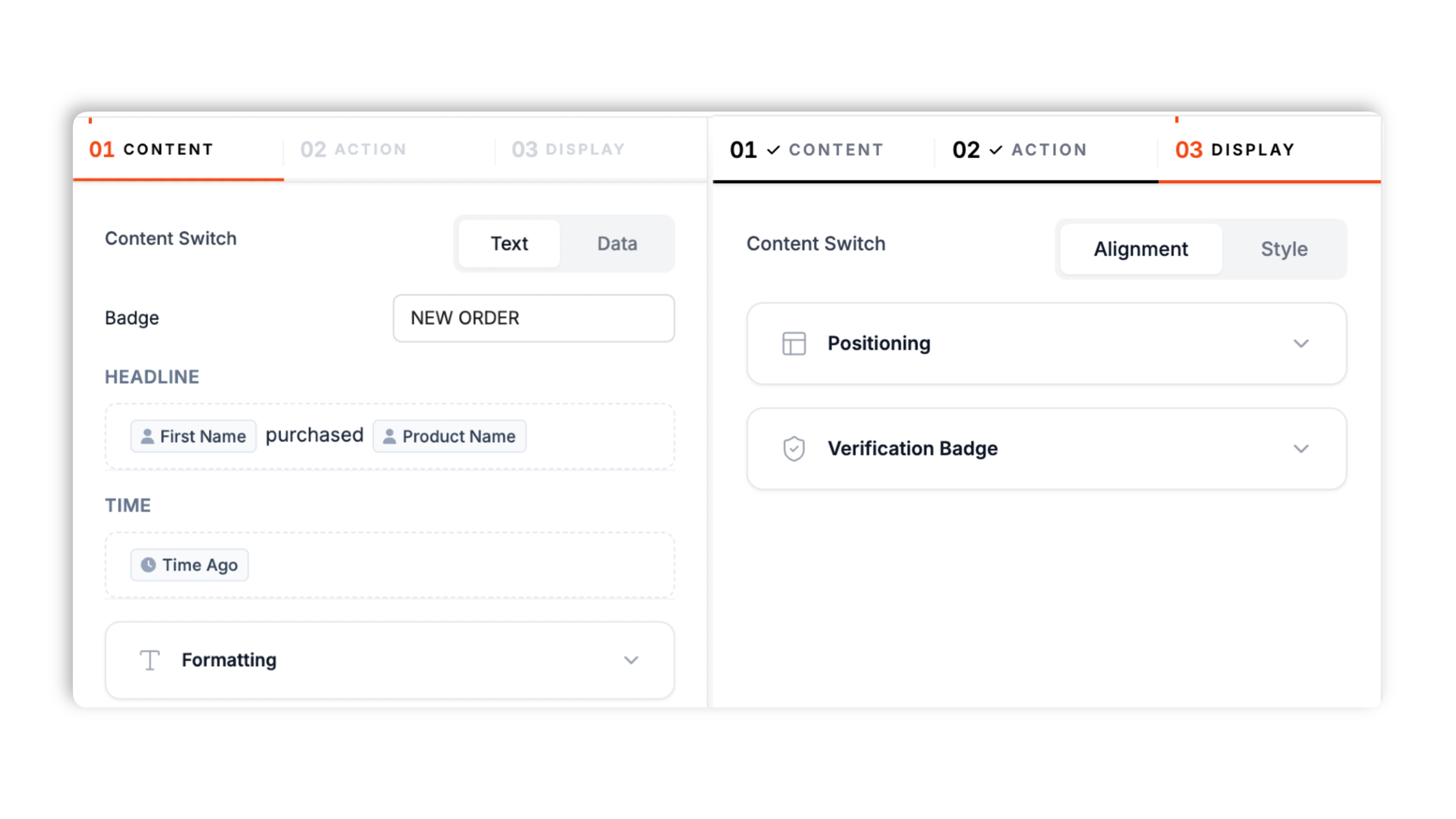 Poper builder layout picker showing toast positions, a brand color swatch, font selector and Apply button for the recent sale notification