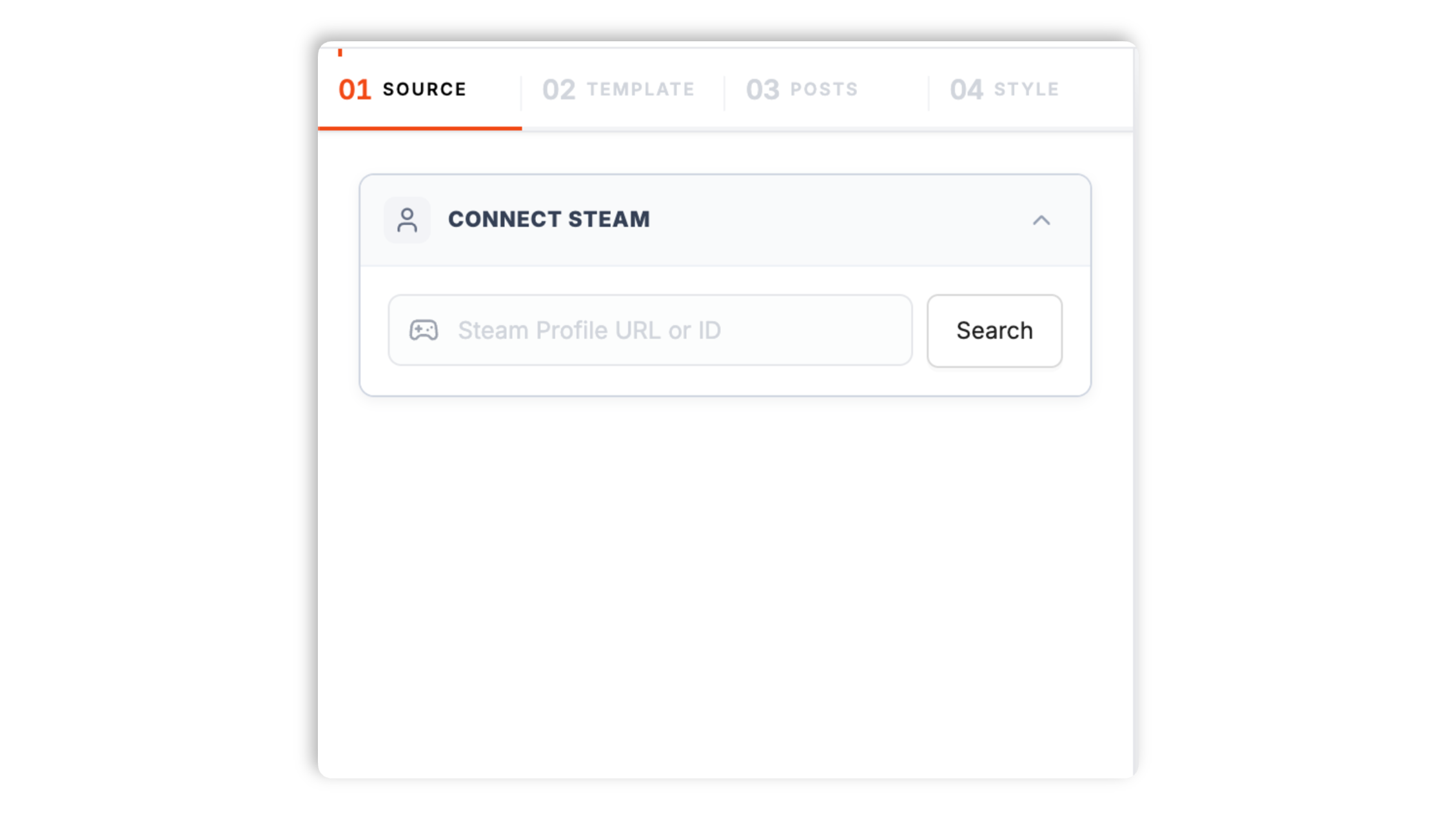 Poper widget builder connecting a public Steam profile URL and showing a Steam recent activity preview with a Connect button
