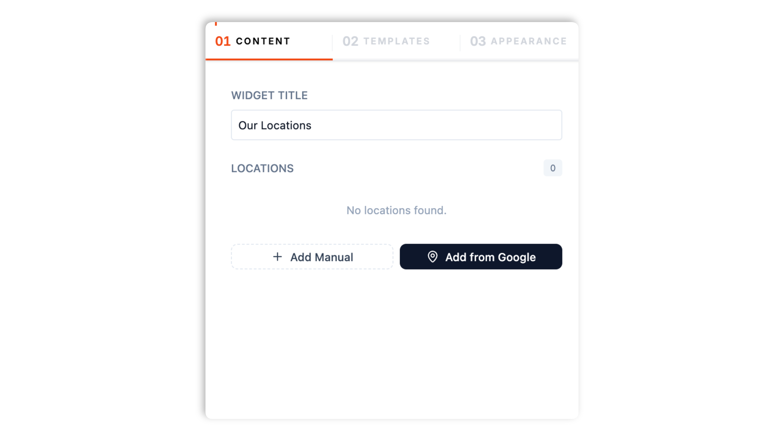 Poper widget builder showing the location editor with name, address, phone, hours, and photo fields, plus an Add from Google button that opens a Google Maps place search