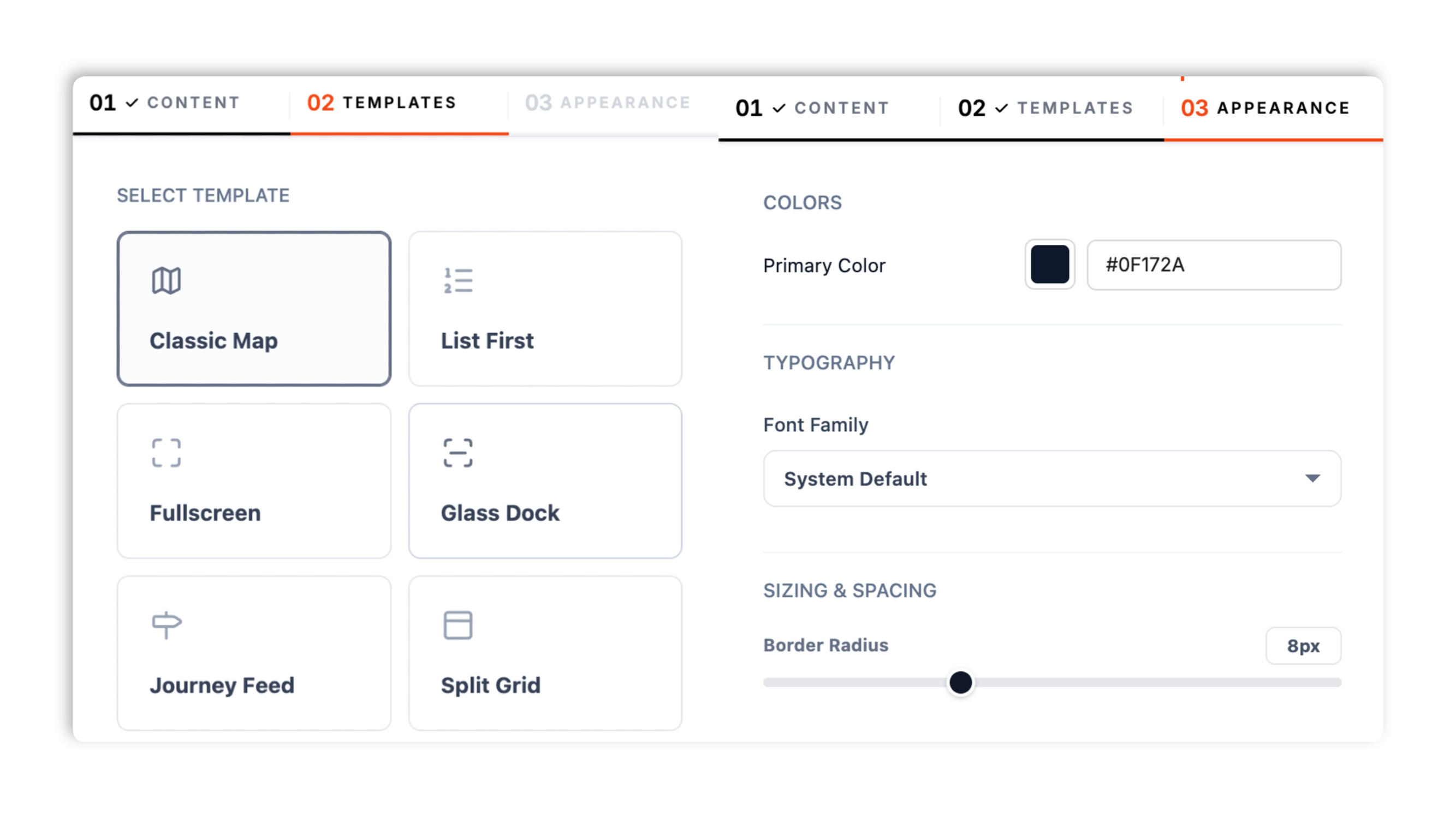 Layout picker showing the eight store-locator templates (Classic Map, List First, Fullscreen, Glass Dock, Journey Feed, Split Card, Minimal Footer, Compact Sidebar) plus primary color, border radius, and font controls