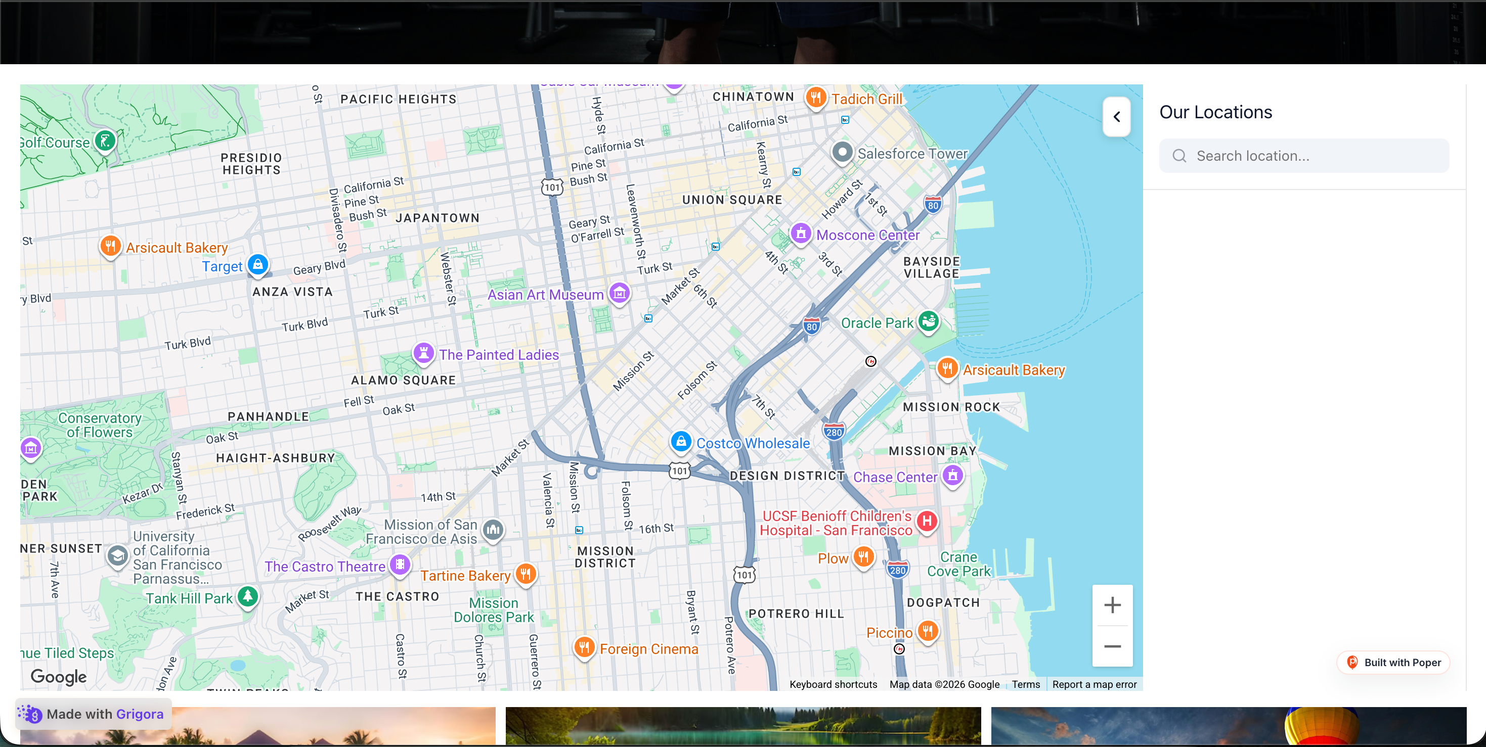 Acme Bistro multi-location website at acmebistro.com/locations with the Poper store locator embedded, showing a search bar, an interactive map with emerald pins, and a list of nearby bistros with open hours in a deep emerald and warm cream palette