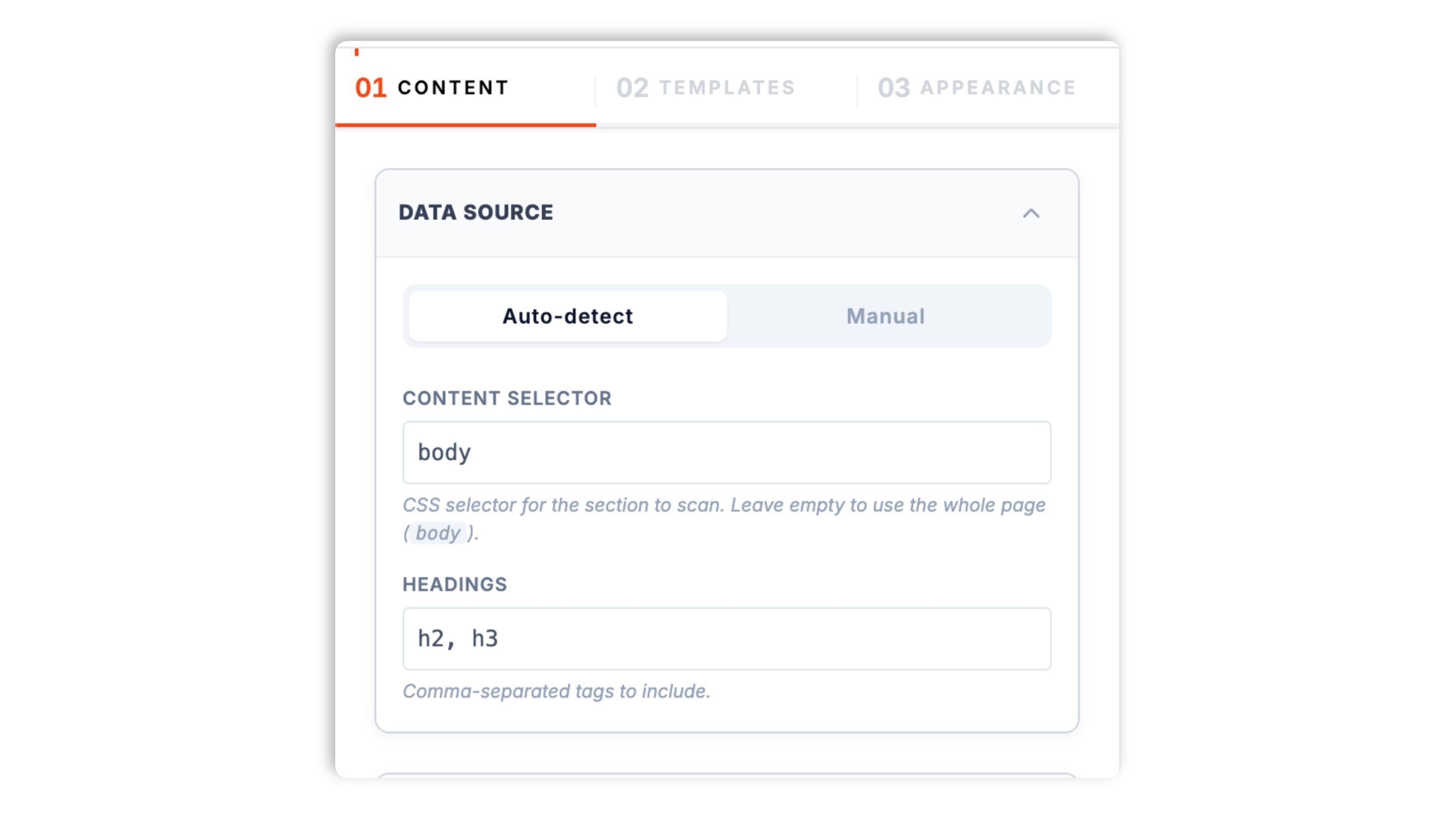 Poper widget builder showing the content panel with an auto and manual mode toggle, a heading selector field set to h2, h3, and a smooth-scroll switch