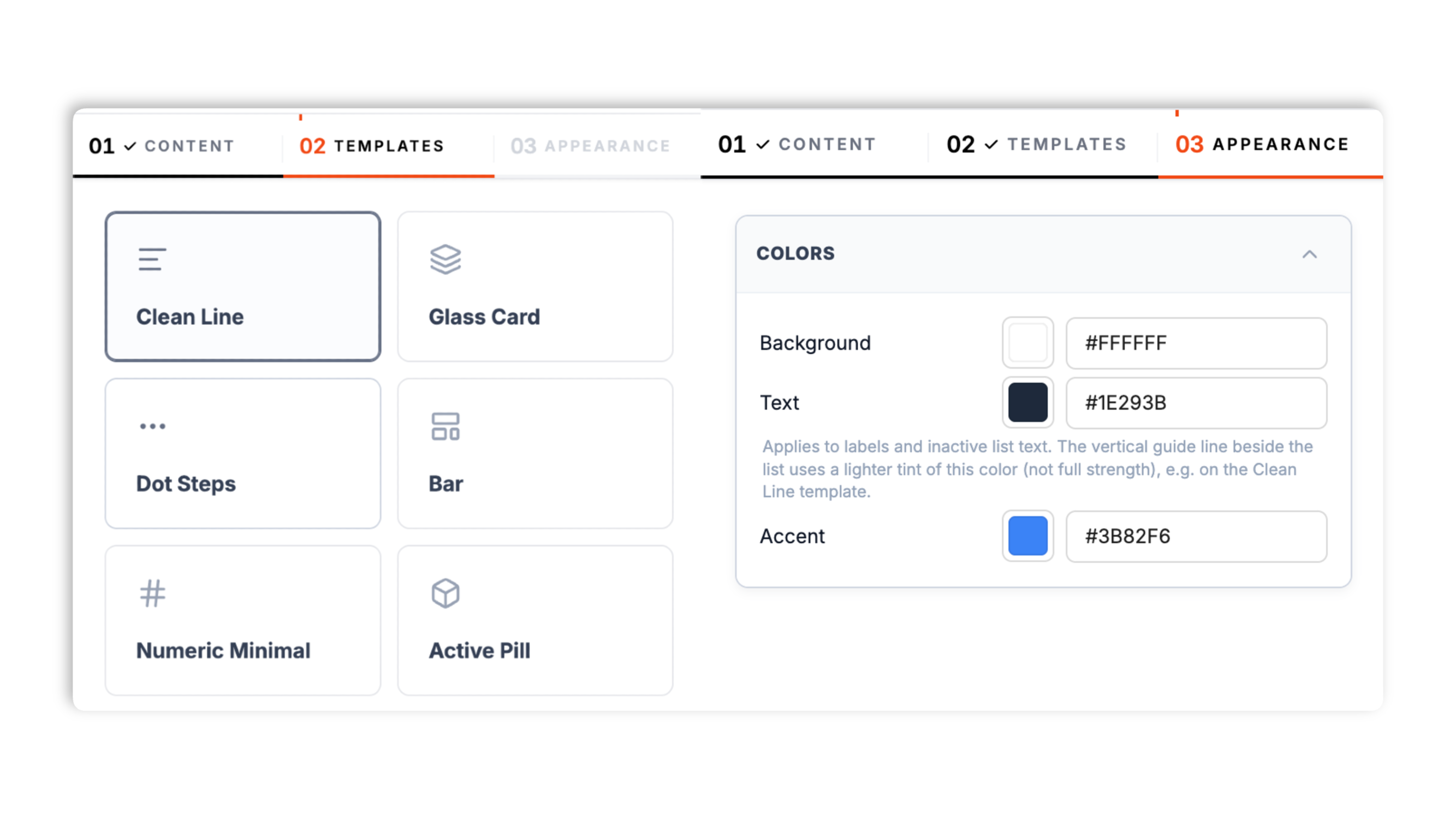 Layout picker showing table of contents thumbnails (Clean Line, Glass Card, Dot Steps, Active Pill, Cyber HUD, Sticky Bar, Numeric Minimal, Nested Tree) plus background, text, and accent color swatches