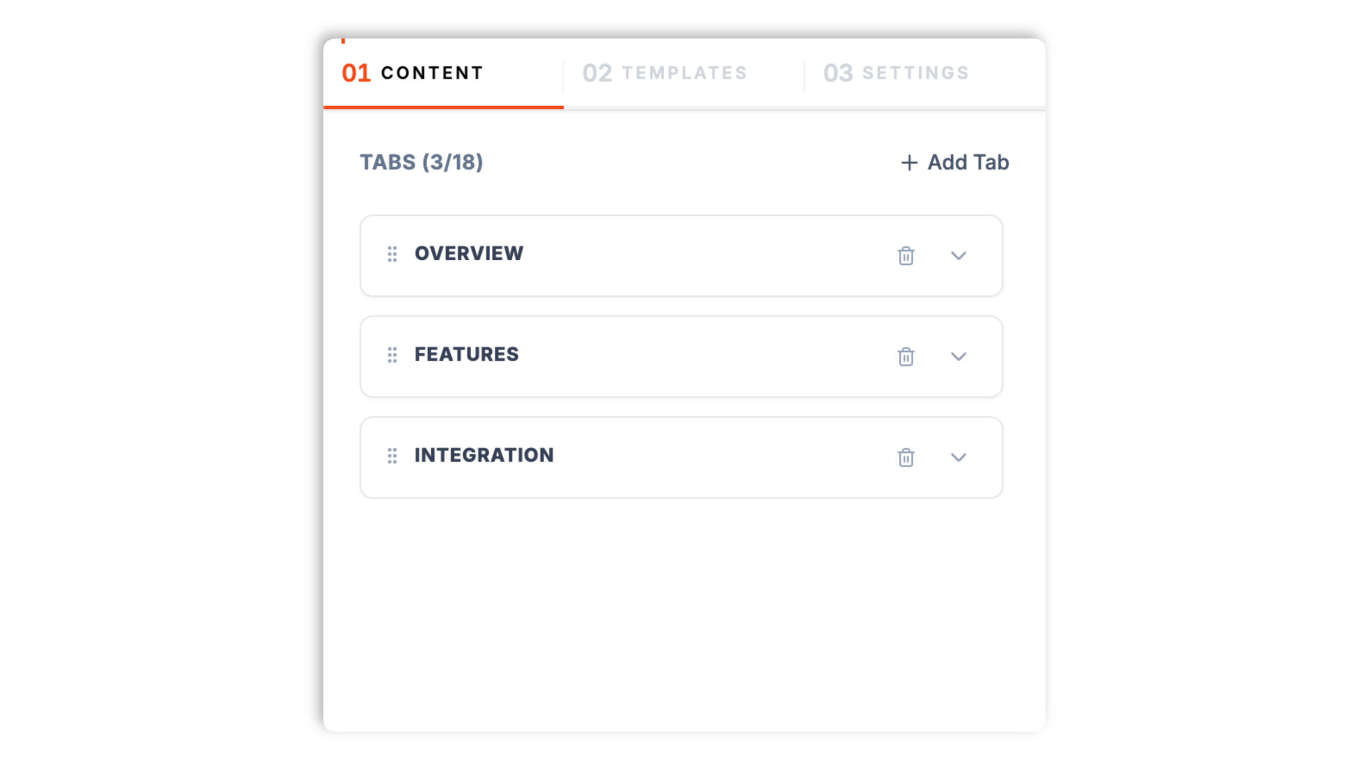 Poper tabs builder showing editable tab rows with a title, subtitle, and icon, plus a content panel with a heading, description, call-to-action, and image