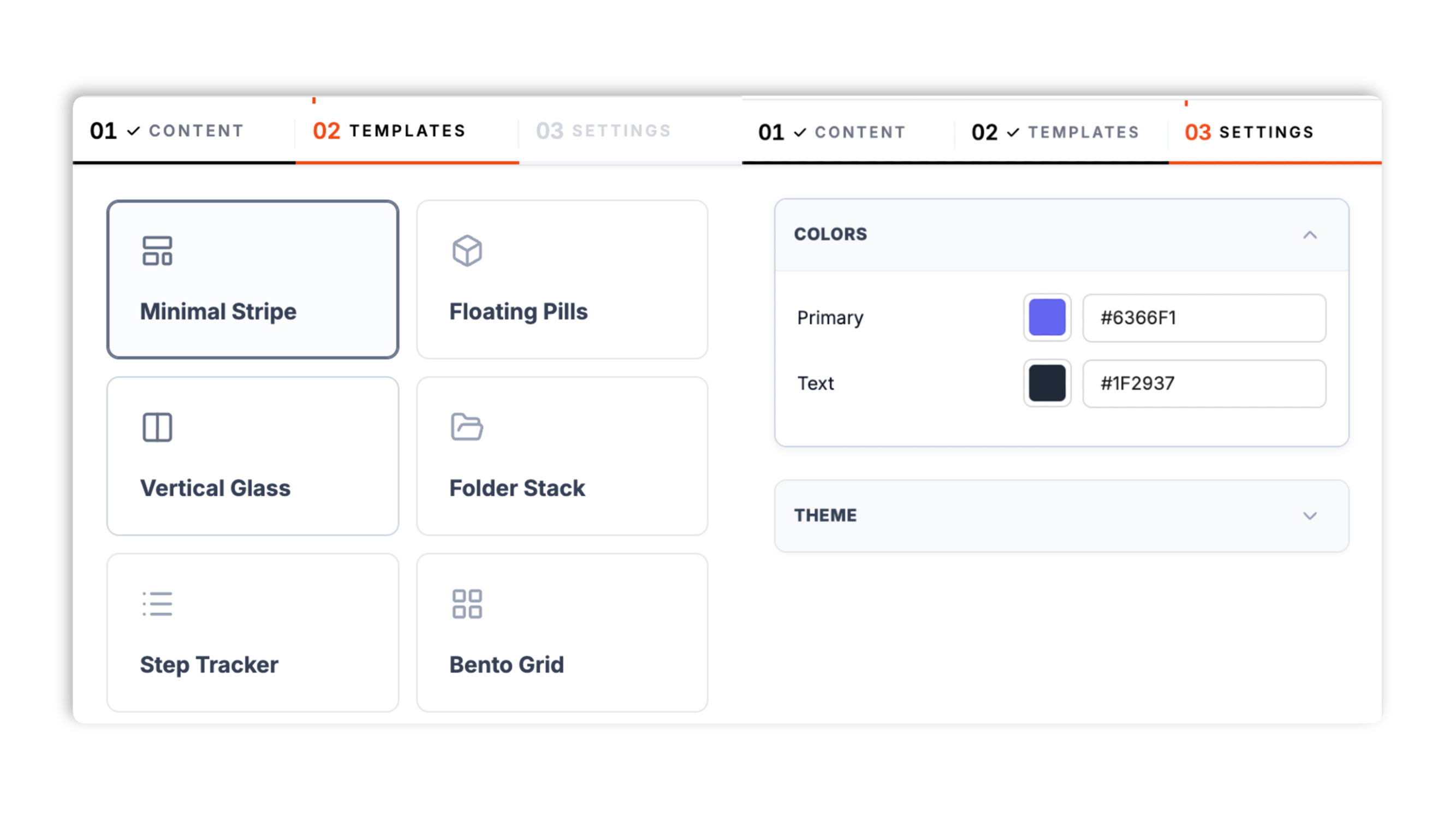 Layout picker showing eight tab template thumbnails (Minimal Stripe, Floating Pills, Vertical Glass, Folder Stack, Step Tracker, Bento Grid, Icon Dock, Hero Split) with primary and text color swatches and a dark mode toggle