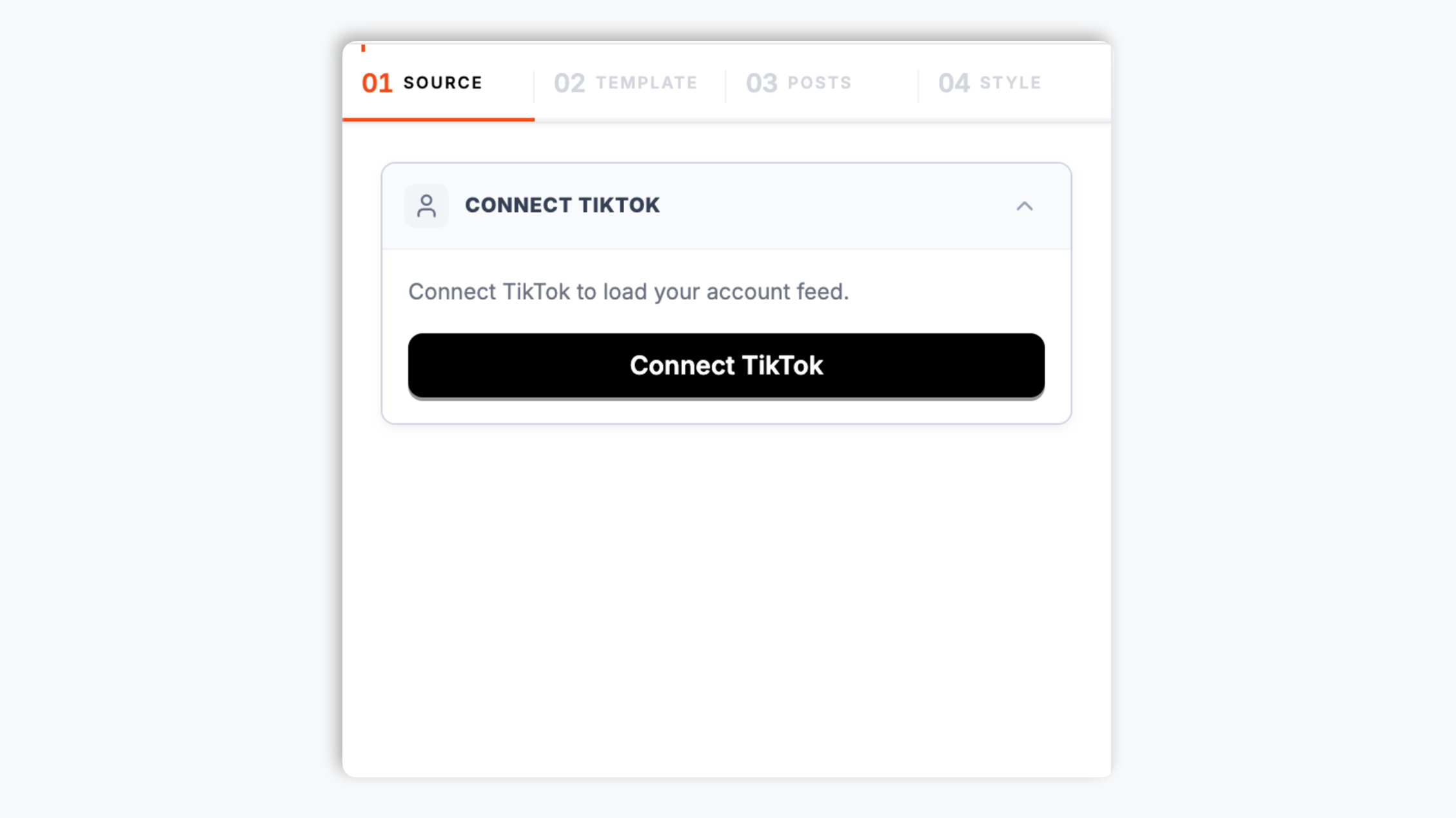 Poper widget builder showing the TikTok creator account search input resolving @acme.creator to tiktok.com/@acme.creator with 1.2M followers, blue Verified check, and a cyan Connect button
