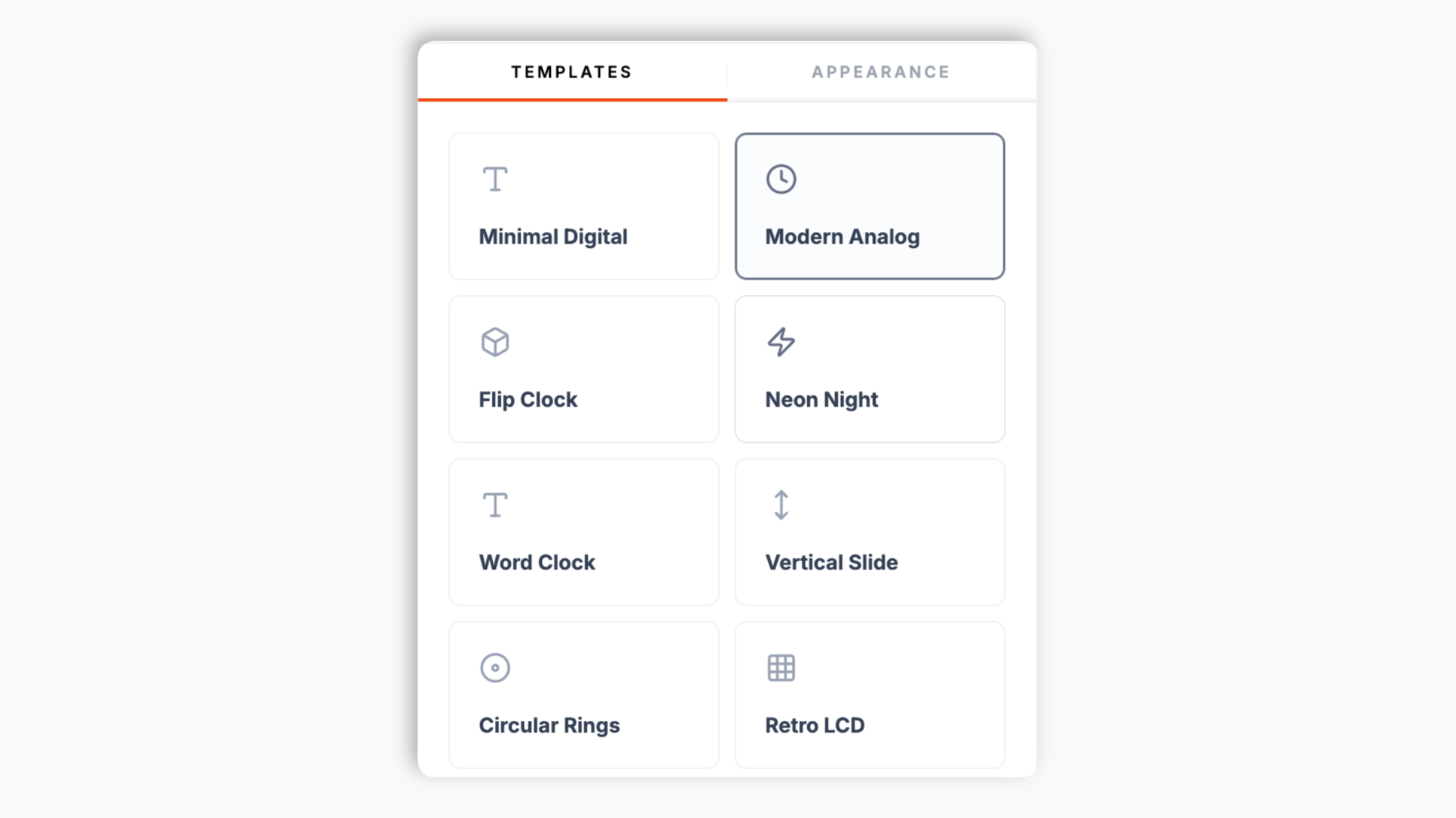 Poper Clock Builder showing the template picker with Minimal Digital, Modern Analog, Flip Clock, and Neon Night thumbnails, the 12/24-hour toggle, and a deep navy Connect button