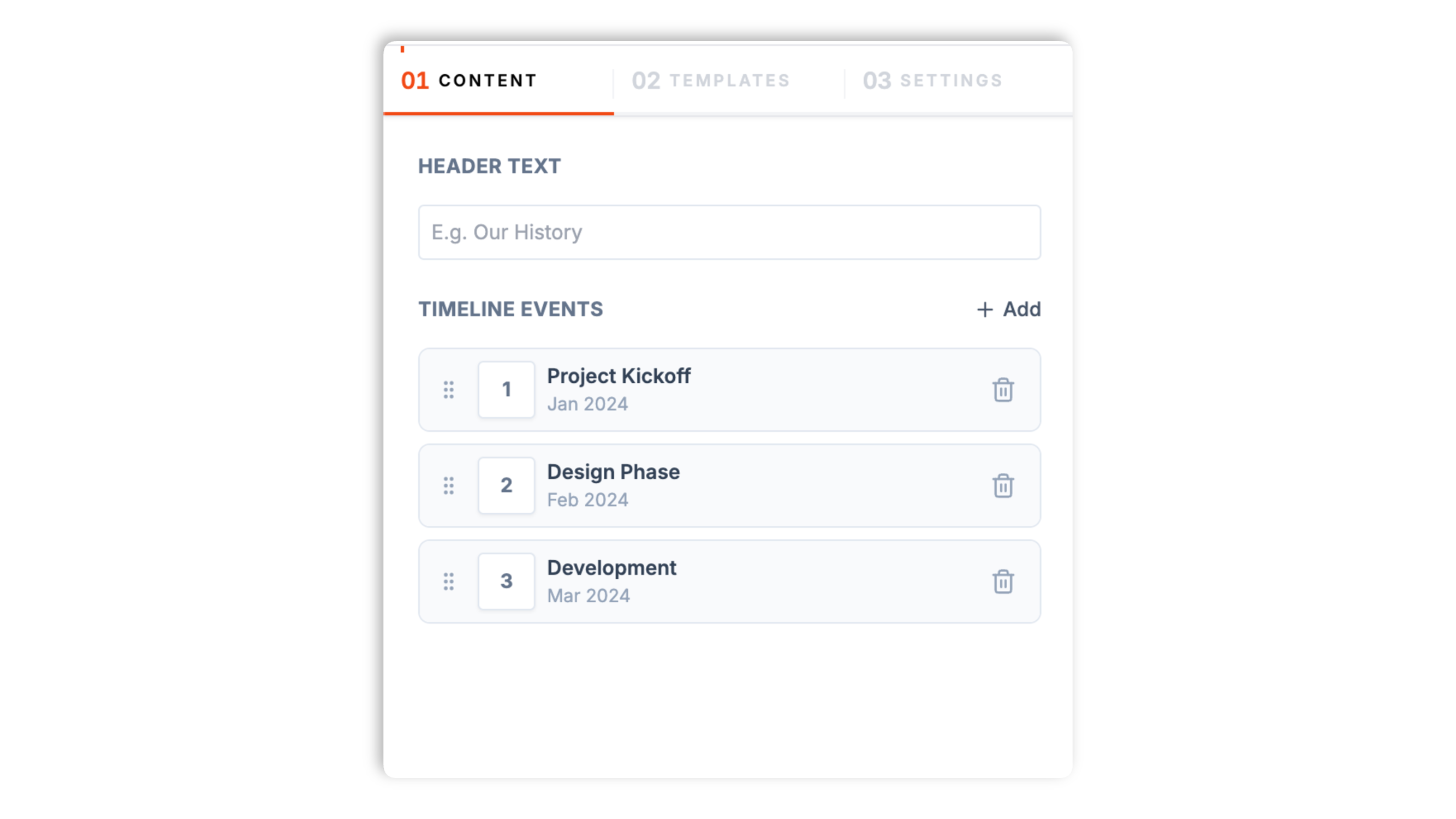 Poper timeline builder showing event rows with date, title, description, and image fields, an Add Event button, and a purple Connect button