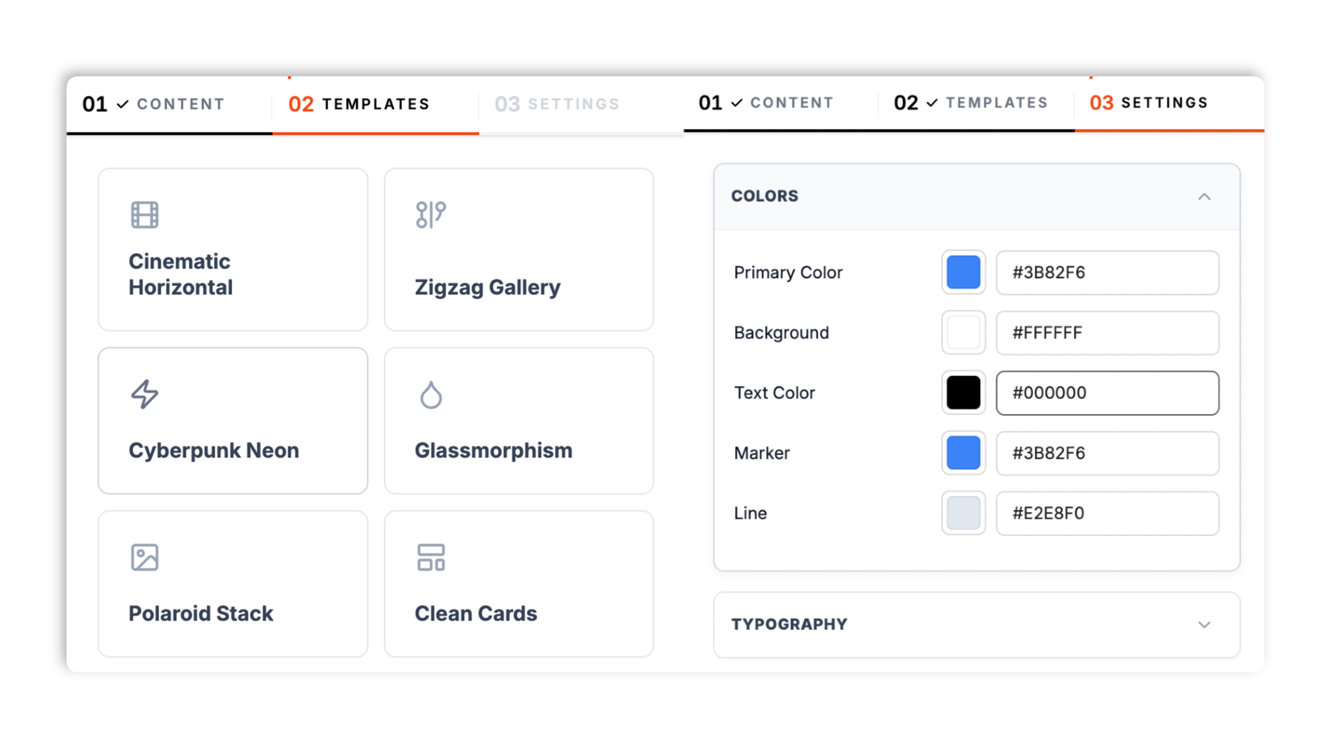 Poper timeline template picker showing the 12 templates including Simple Vertical, Cinematic Horizontal, Zigzag Gallery, Product Roadmap, and Bento Grid, with brand color, font, and spacing controls