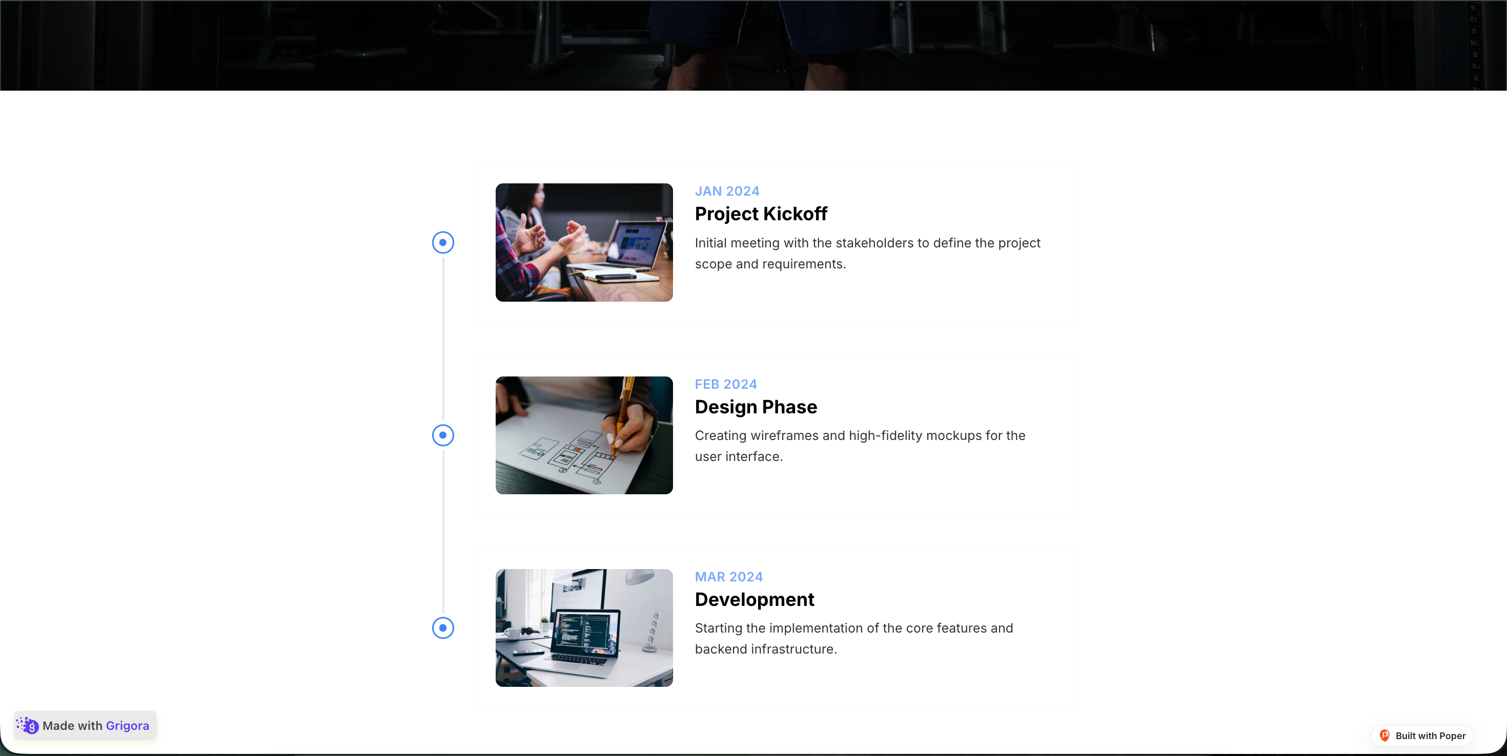 A SaaS About page with an embedded Poper vertical timeline rendering four milestones in a deep-rose and warm-cream palette