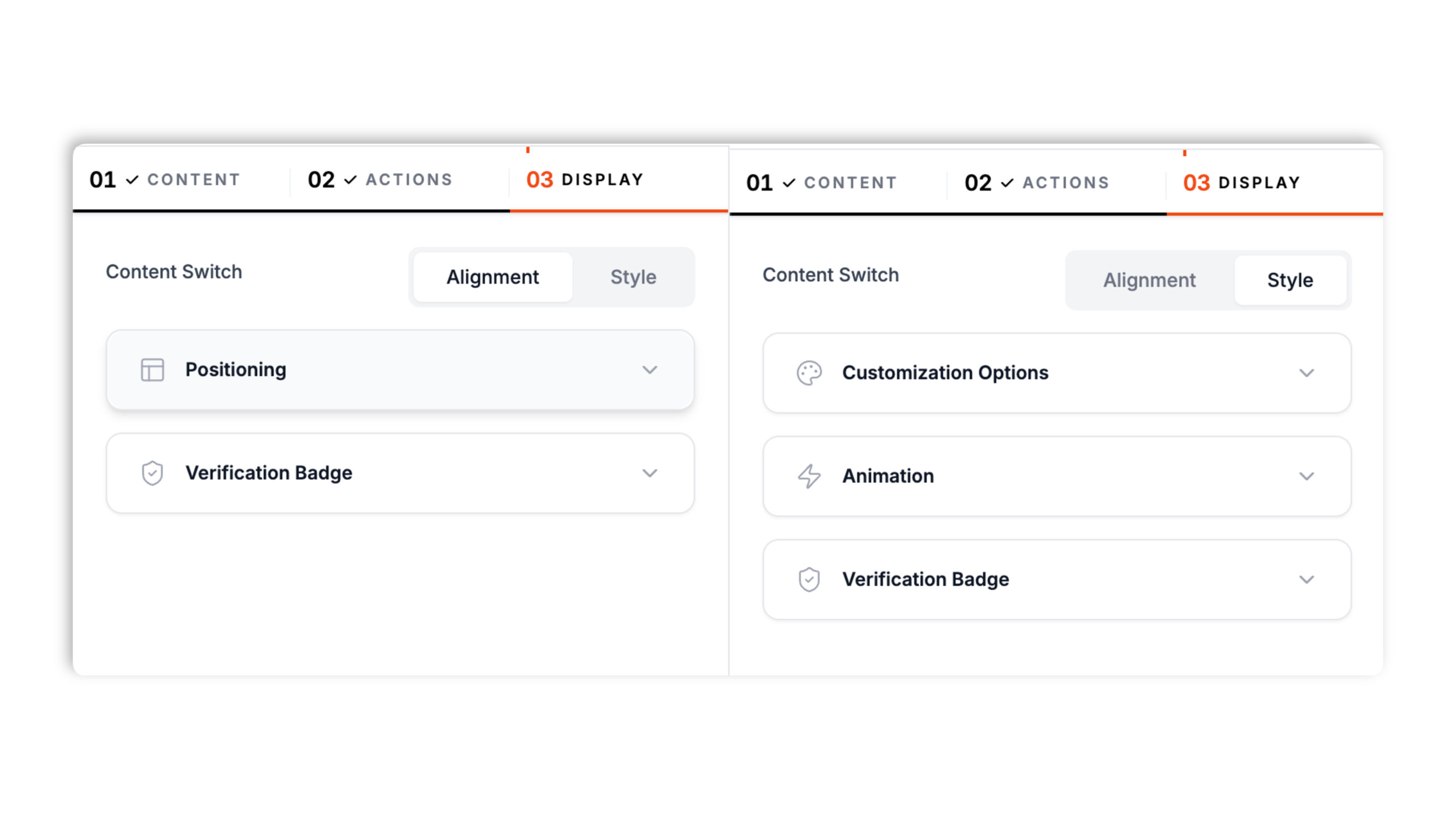 Trending product widget styling panel with color swatches, a font picker, a shadow preset selector, and desktop and mobile position controls