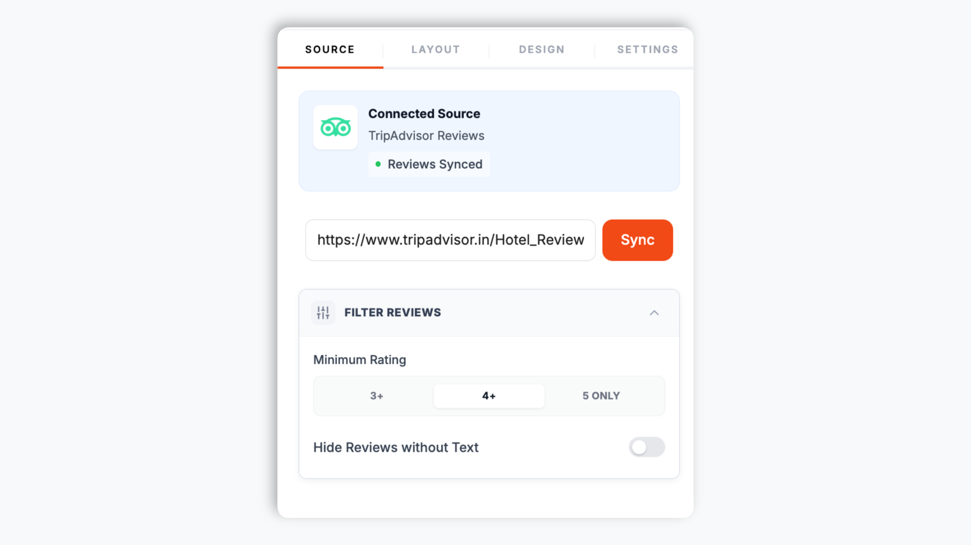 Poper widget builder with a single input field where the user pastes their hotel's TripAdvisor page URL