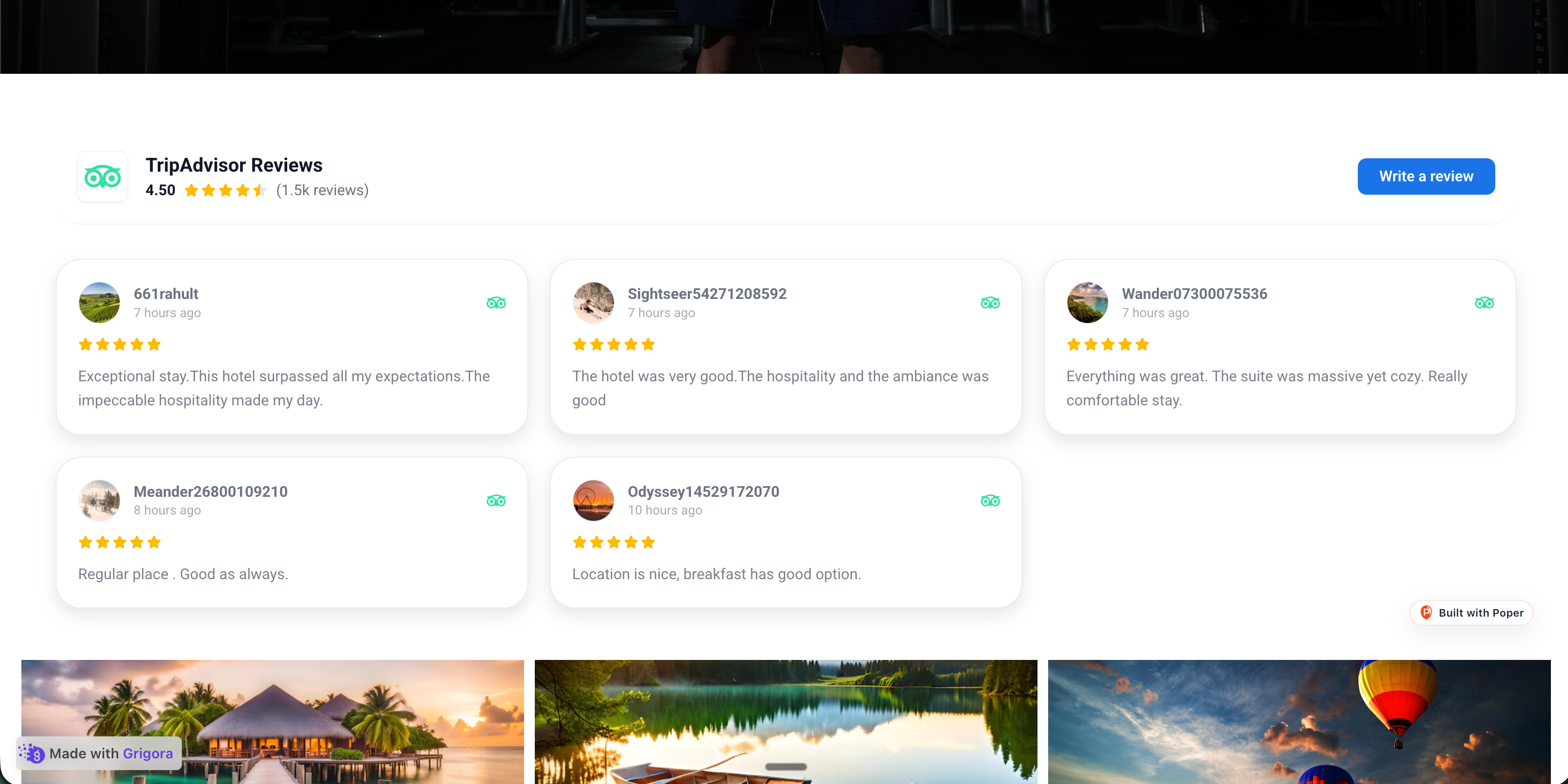 Aurora Boutique Hotel's own branded hotel site with the Poper TripAdvisor reviews widget embedded inline showing the same 4.8 rating and 3 guest reviews