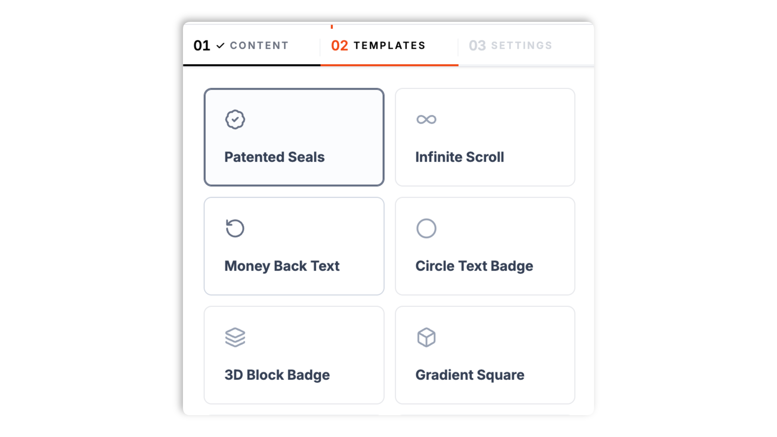 Poper trust badges builder Templates tab showing layout thumbnails for guarantee boxes, circular seals, an as-seen-on marquee, review cards, and rating badges