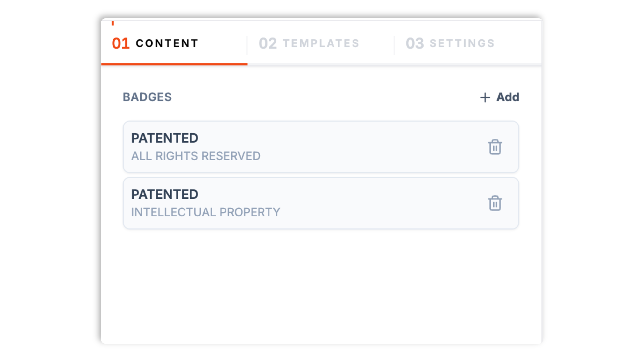 Poper trust badges editor Content tab with badge label, caption, and tooltip fields, a built-in icon picker grid, and an upload area for a custom PNG or SVG
