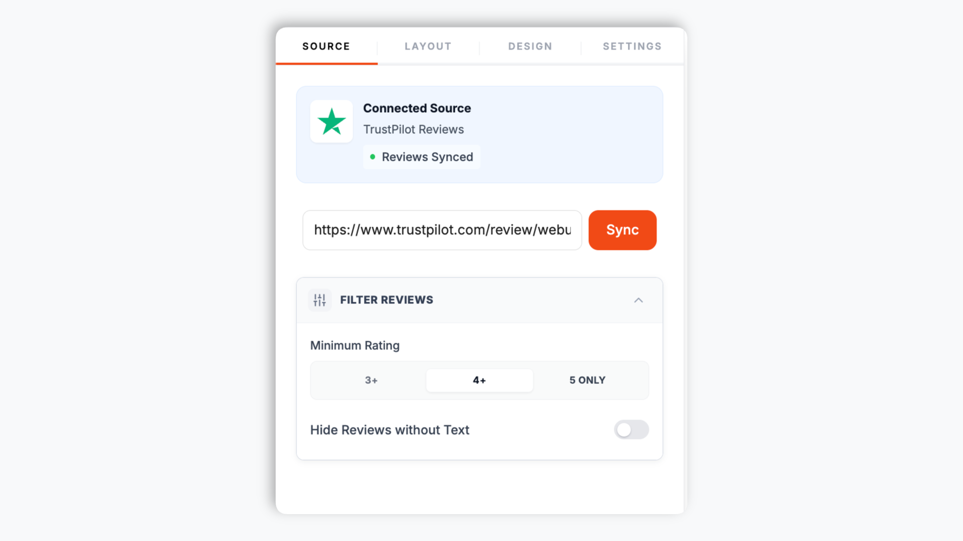 Poper widget builder showing the Trustpilot URL input field where the business page link is pasted