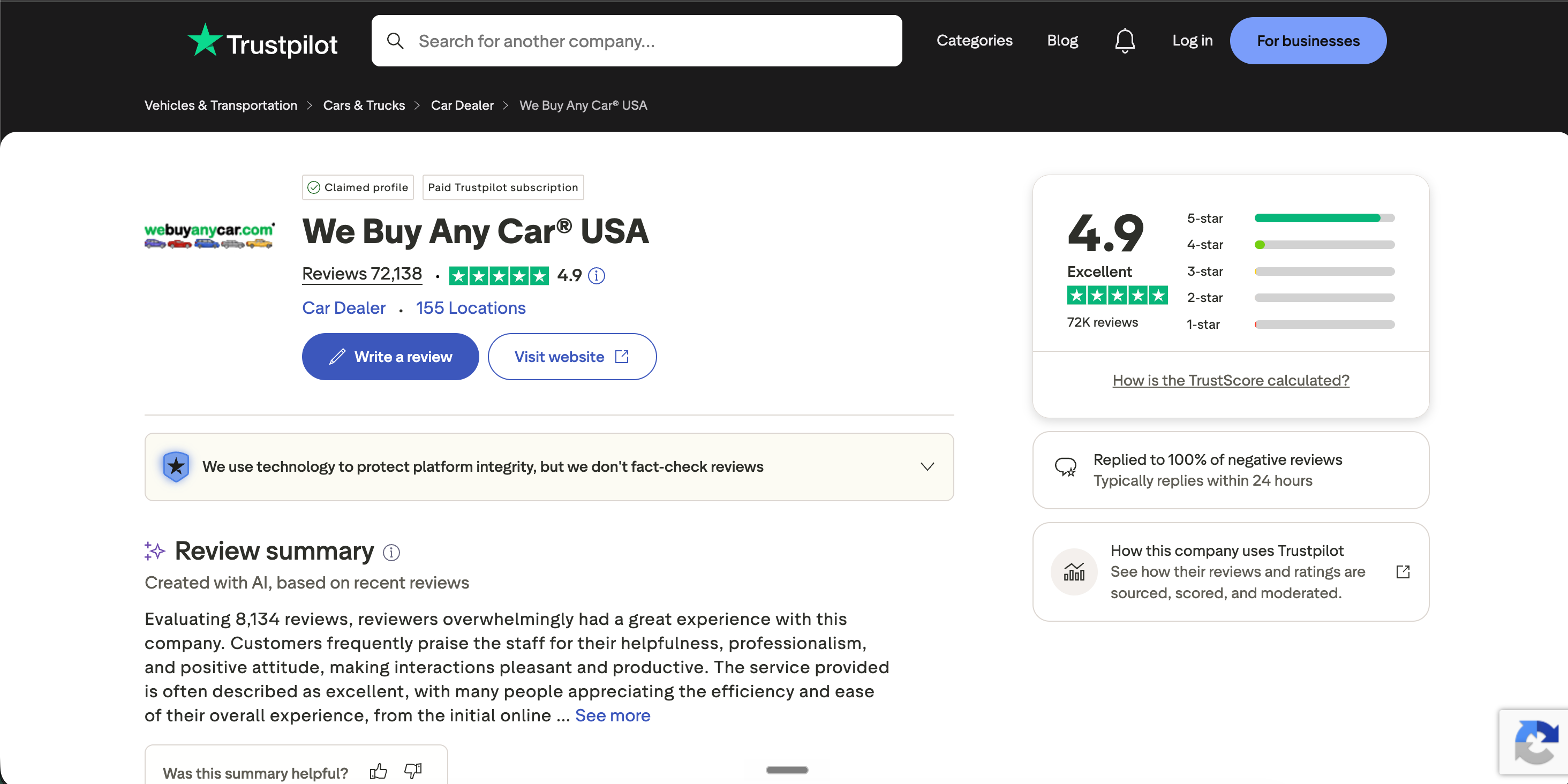 Trustpilot.com profile page for Northstar Living showing a 4.8 of 5 TrustScore and recent reviews