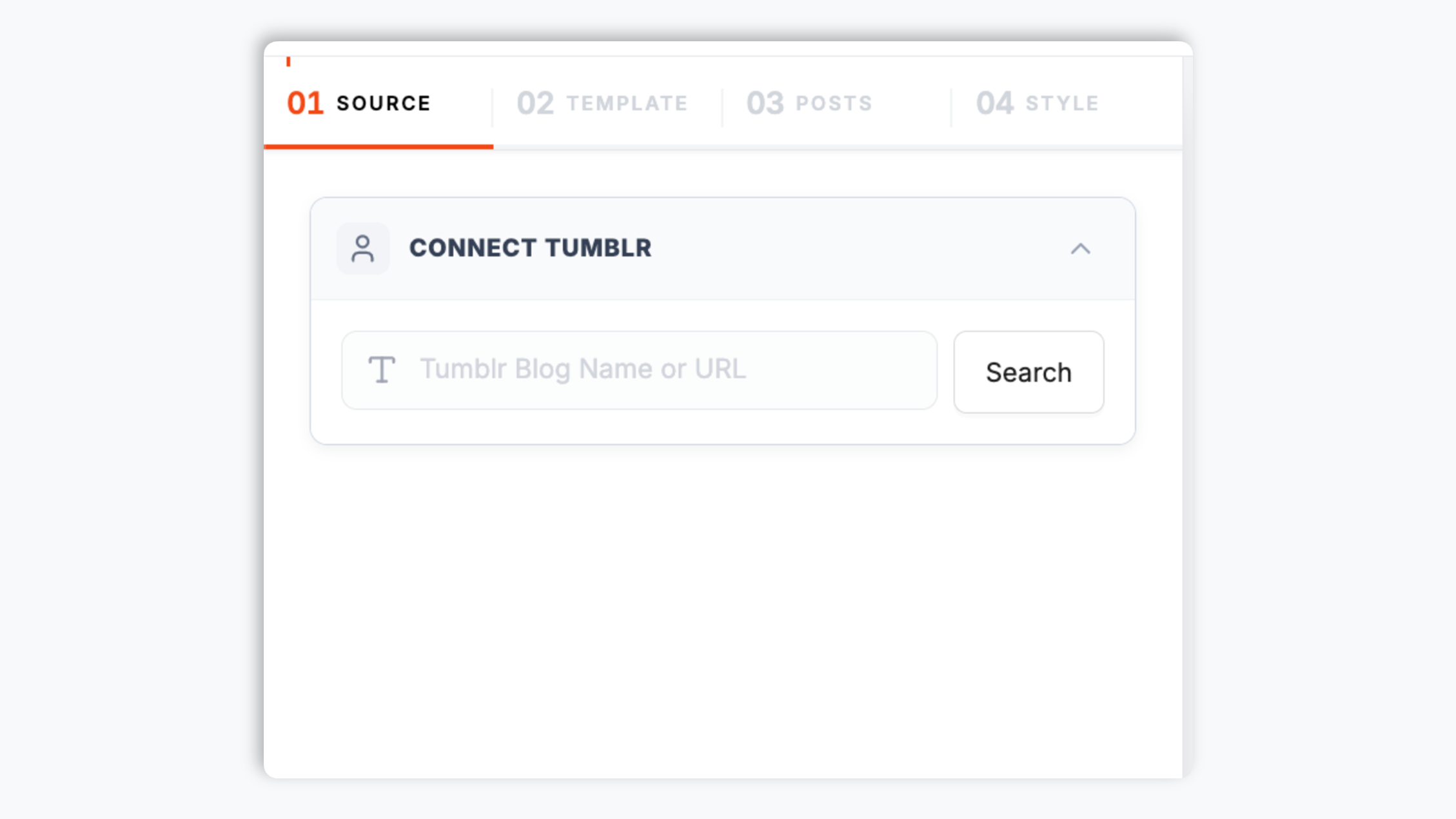Poper widget builder showing the Tumblr blog search resolving acmeblog to acmeblog.tumblr.com with 47K followers, Premium account badge, and a navy Connect button
