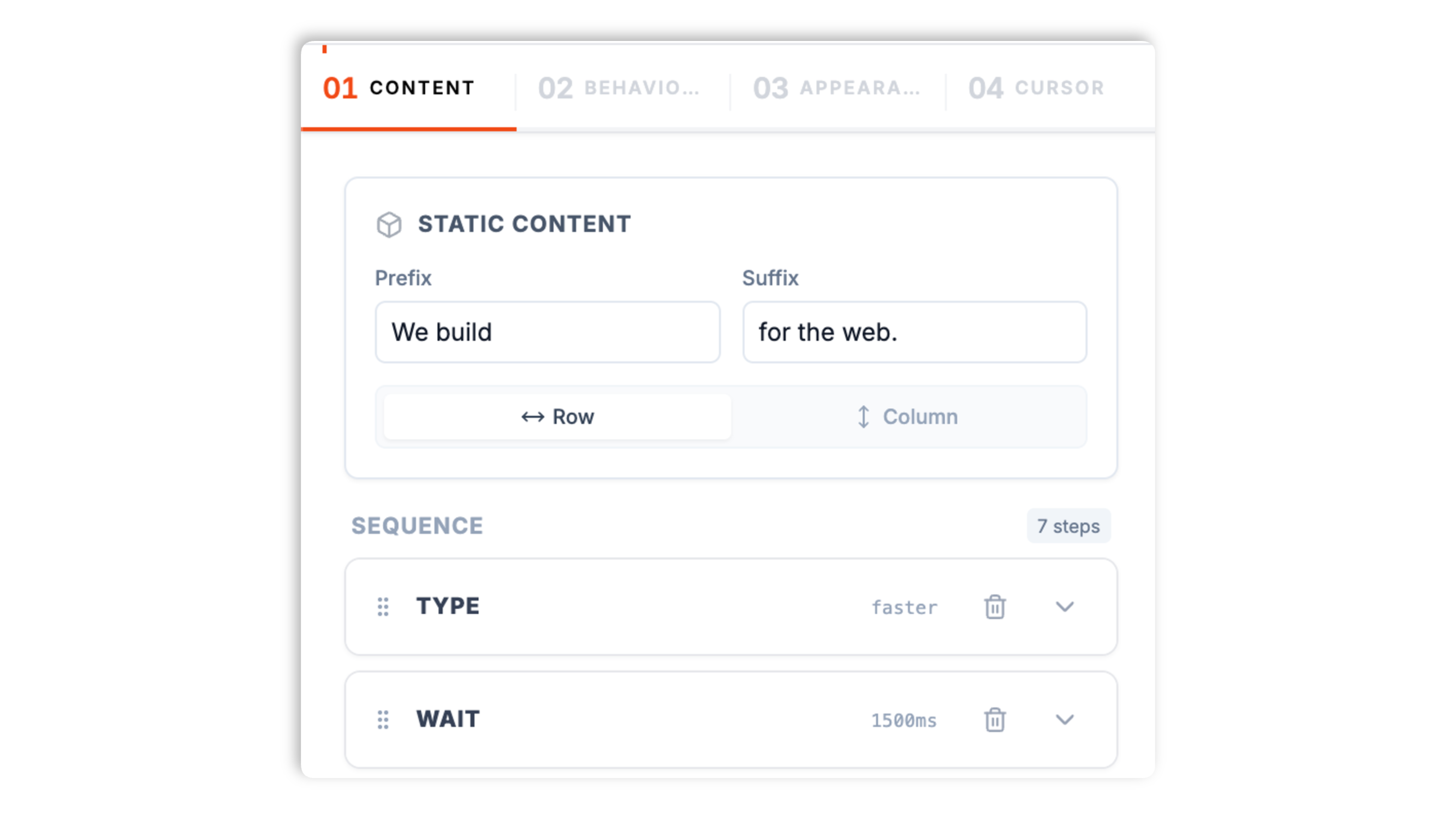 Poper type-writer builder showing the Content tab with a prefix text field, suffix text field, and an action list of type, wait, and delete steps each with its own color swatch