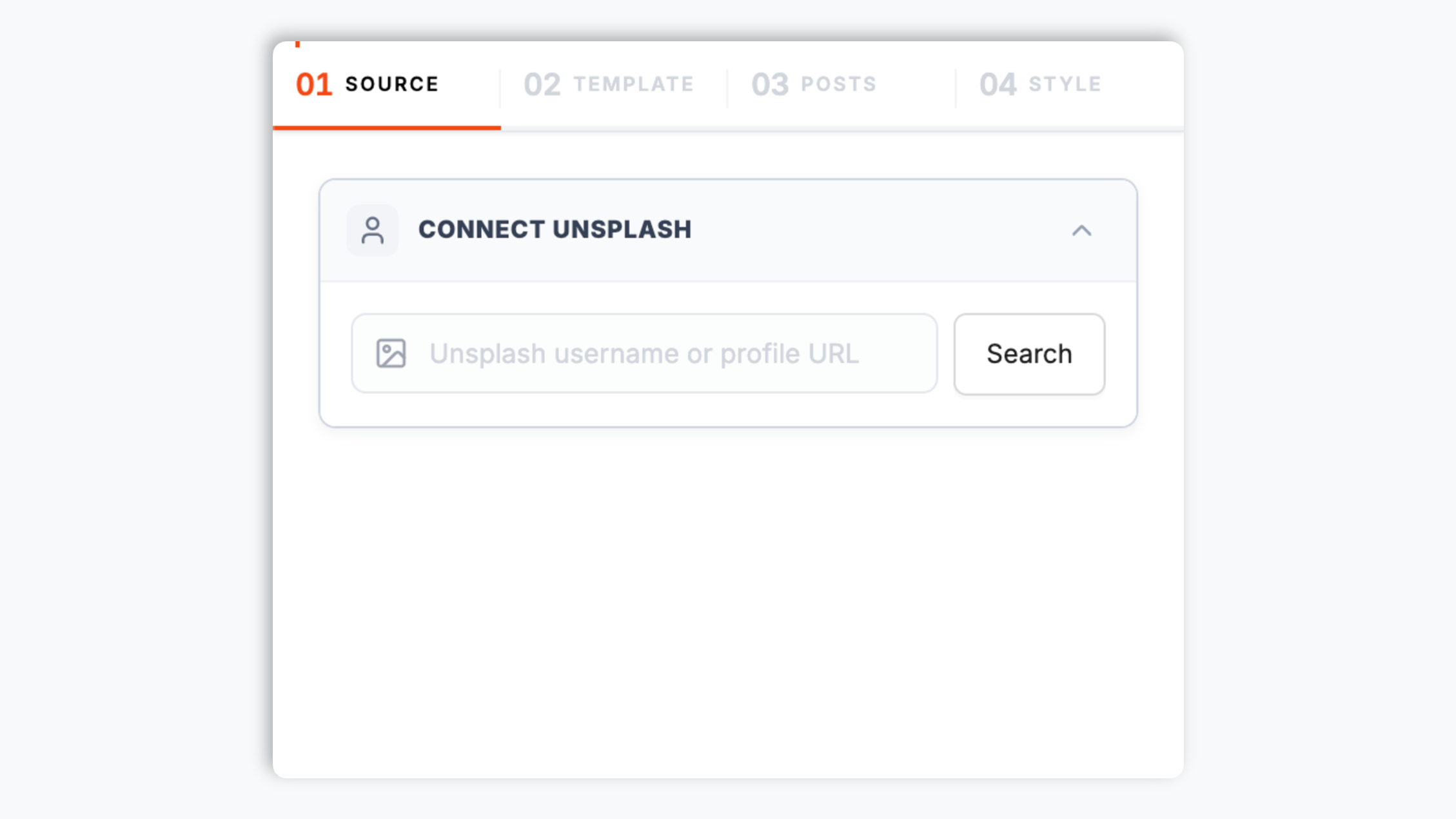 Poper widget builder showing the Unsplash photographer search input with Acme Photo @acmephoto autocomplete result, photo grid preview, and a dark Connect button