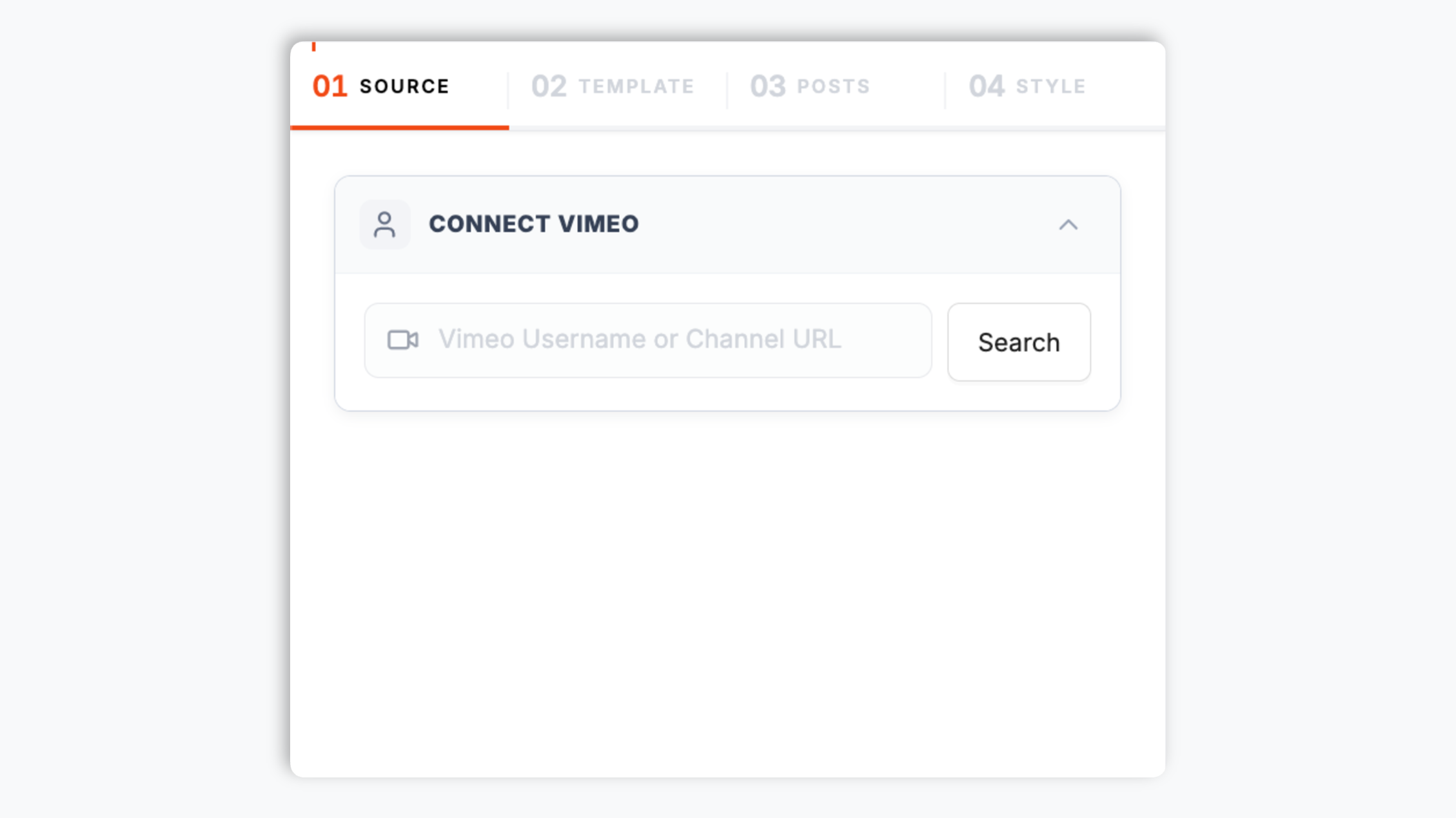 Poper widget builder connecting to vimeo.com/acmefilms showing a Vimeo creator account with a video grid preview and a Vimeo blue Connect button