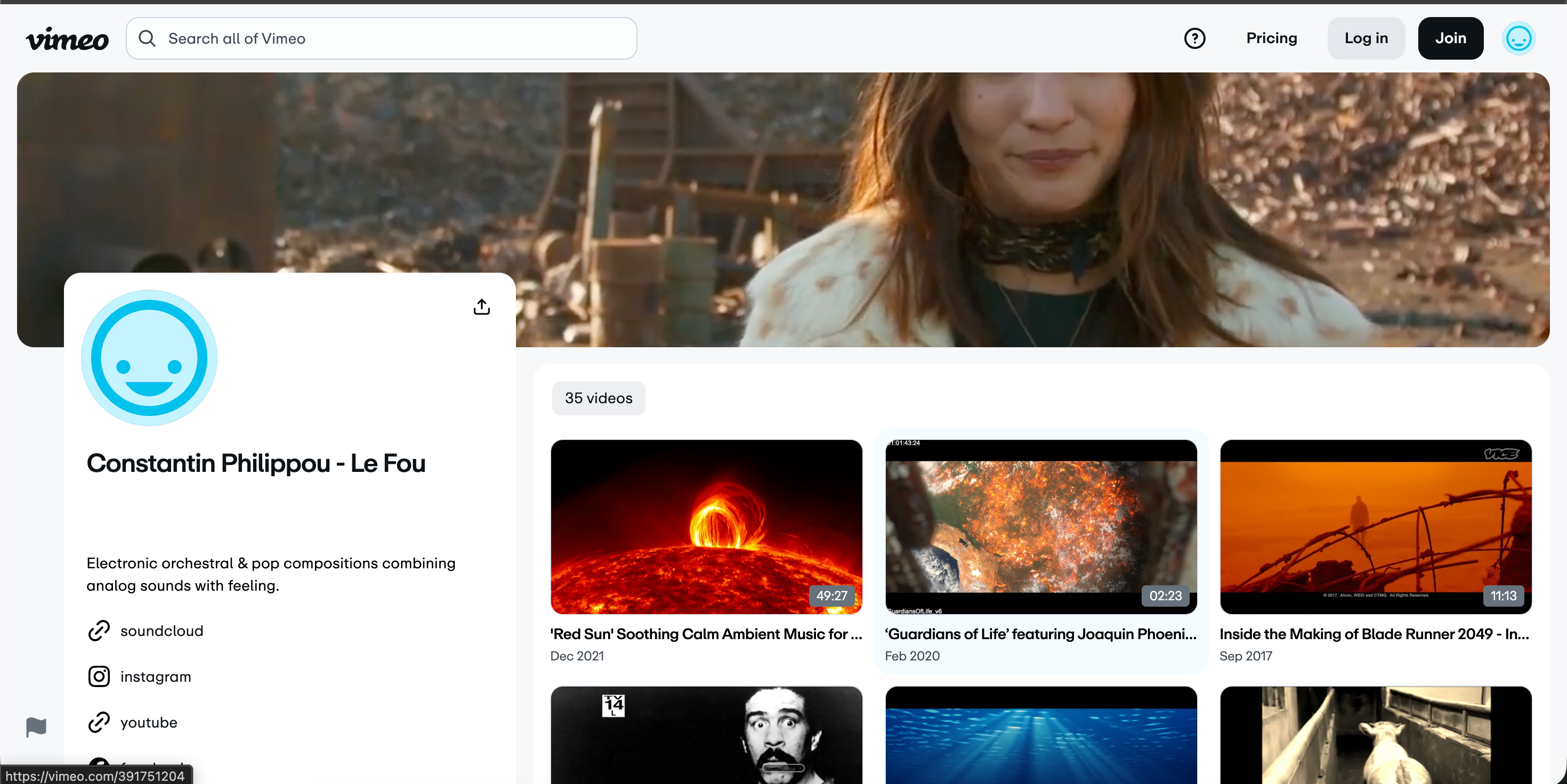 Vimeo.com profile page for Acme Films showing a Brooklyn-based film studio with 47 staff picks, Pro Unlimited badge, and a 6-tile cinematic grid featuring Maya Rivera's brand film for Northstar, Tom Kessler's music video Quiet Storm, and Aïsha L's mini-doc Brooklyn makers