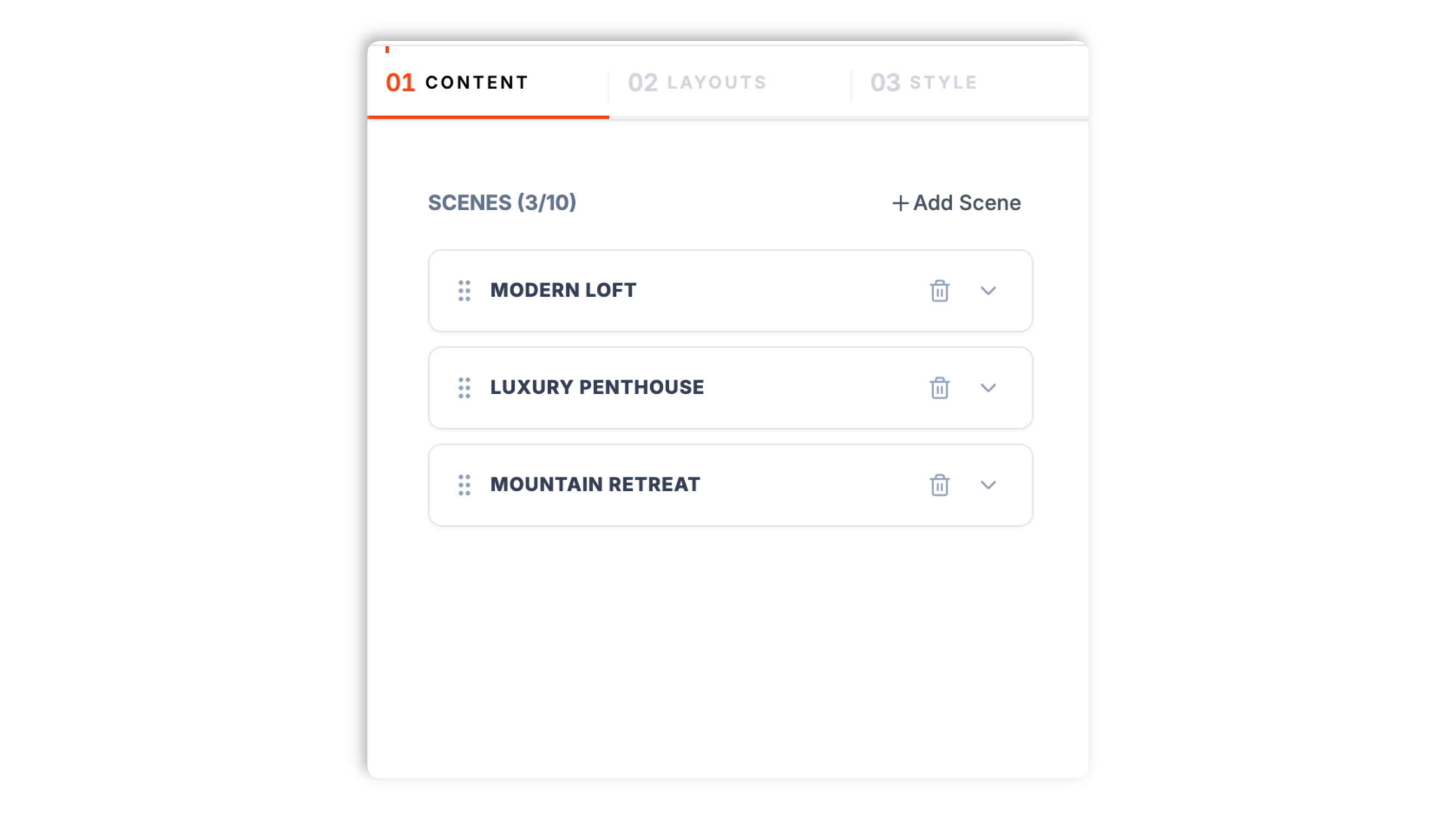 Poper virtual tour builder showing a scene list with image uploaders, scene titles, descriptions, tags, and a call-to-action button field for each scene