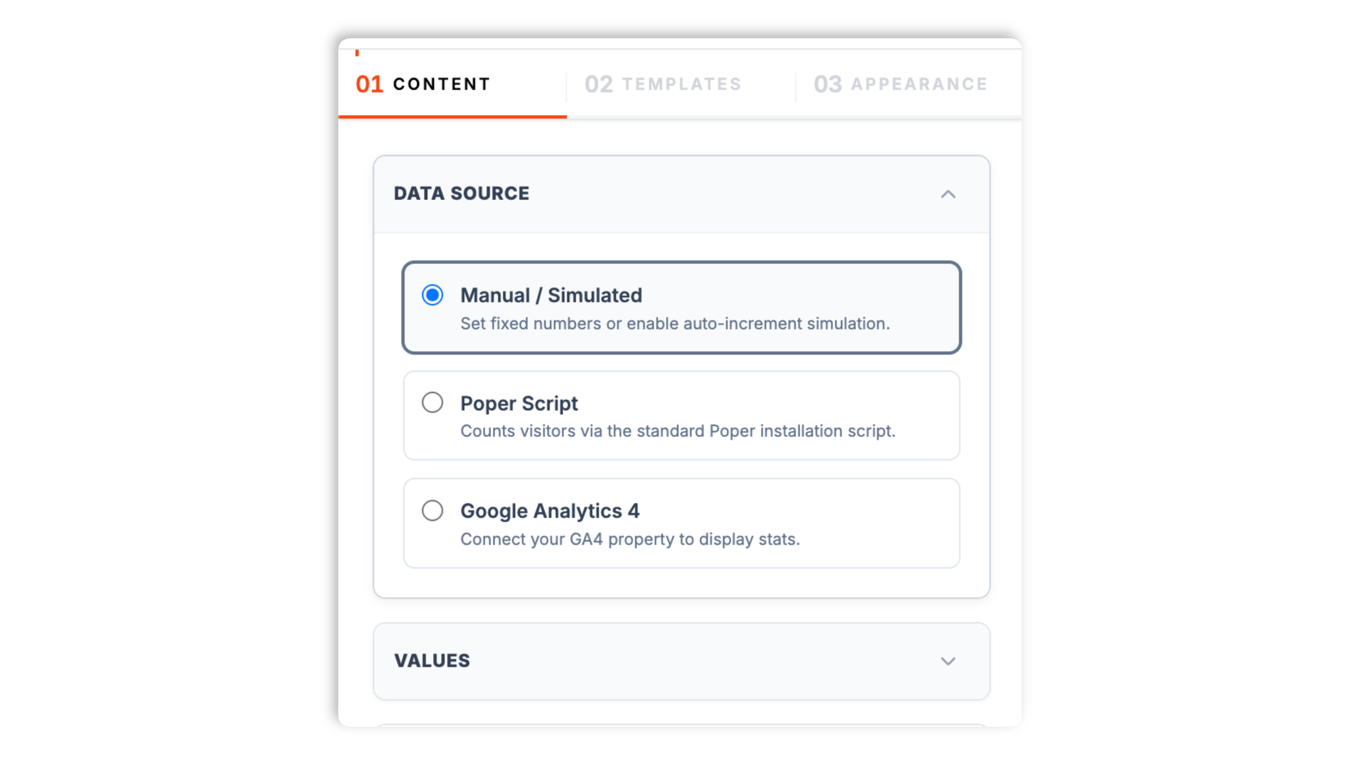Poper widget builder showing the data-source picker with Manual or Simulated, Poper Script, and Google Analytics 4 options